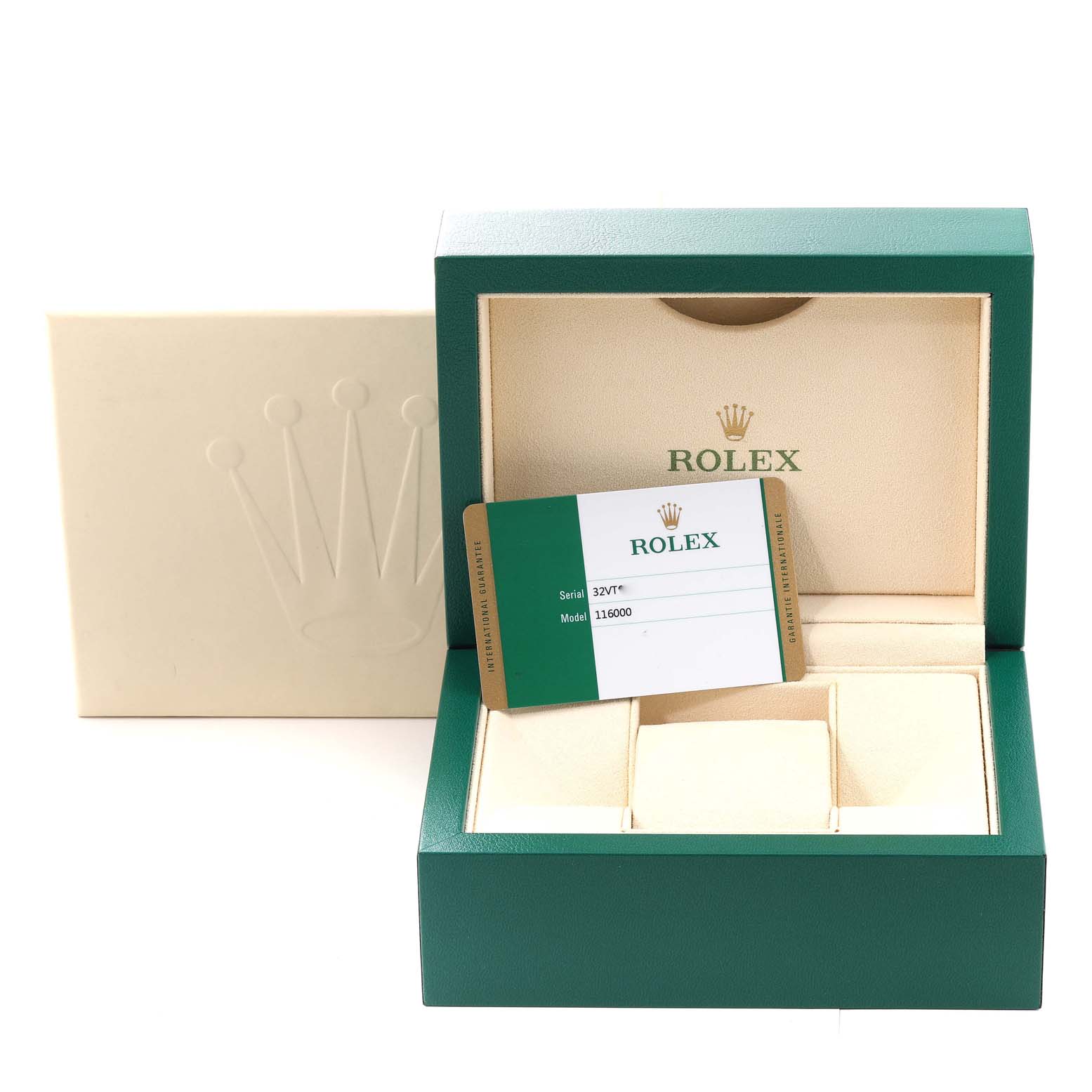 The image shows the presentation box and guarantee card for the Rolex Oyster Perpetual 116000 Men's Stainless Steel White Dial 116000 Men's Stainless Steel White Dial model.