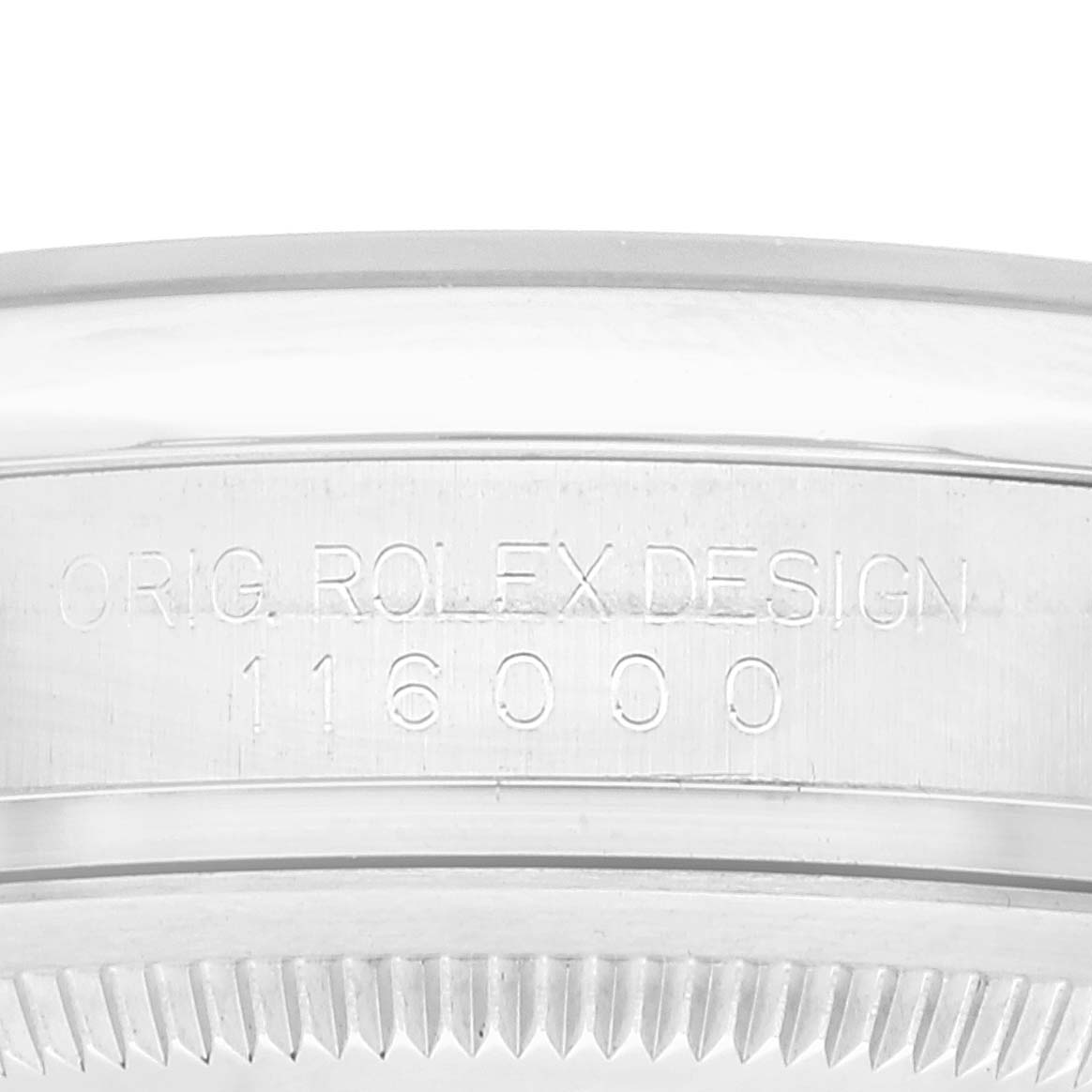 This image shows a close-up of the side of an Oyster Perpetual Rolex watch, displaying the engraved text and model number 116000.