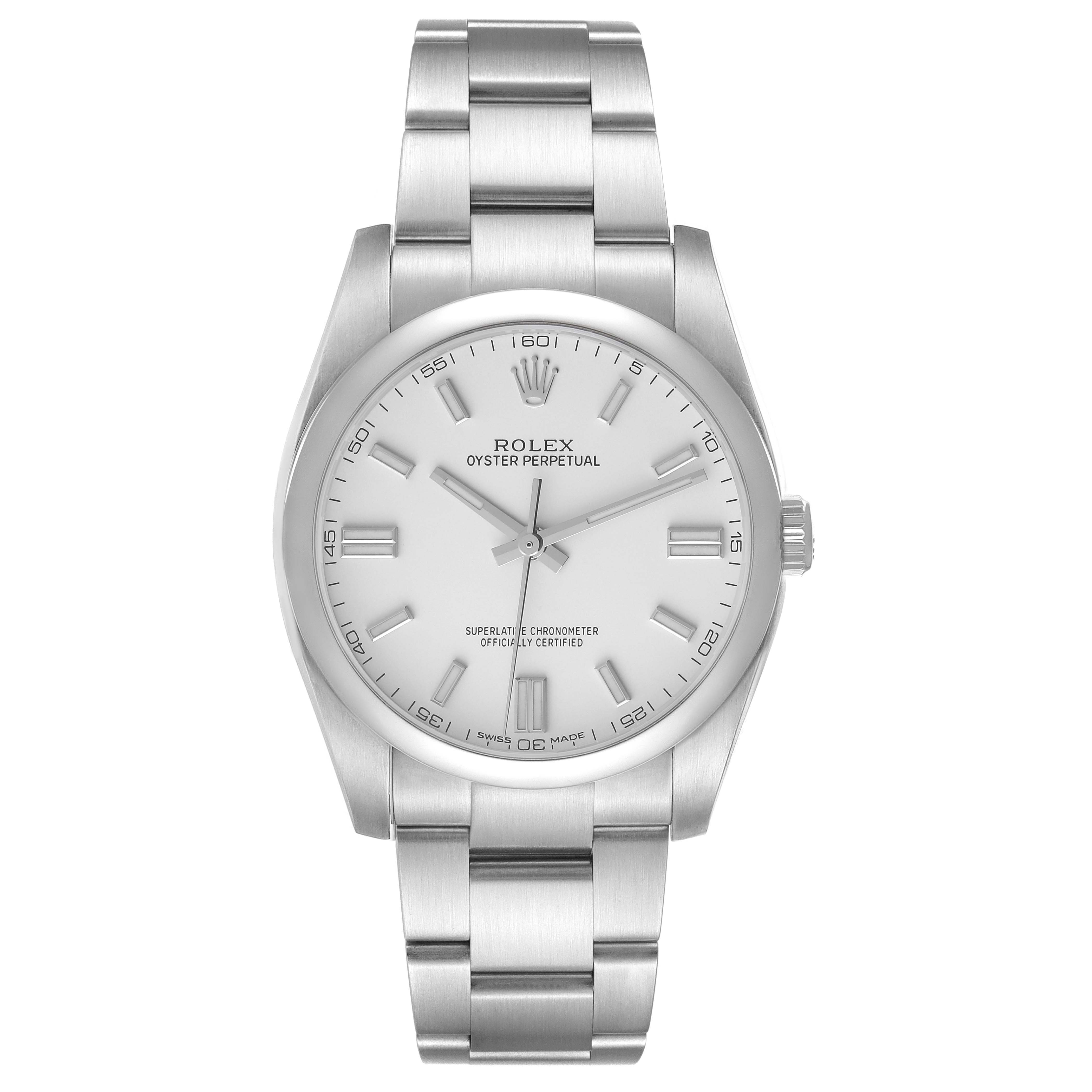 This image shows a front view of the Rolex Oyster Perpetual 116000 Men's Stainless Steel White Dial 116000 Men's Stainless Steel White Dial watch, featuring the face, bezel, and bracelet.