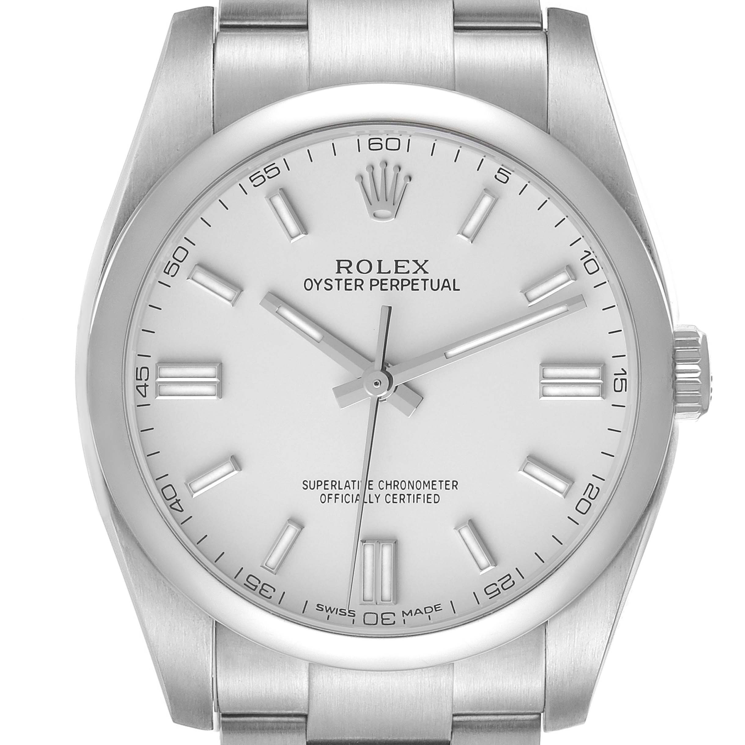 The image shows a front view of a Rolex Oyster Perpetual 116000 Men's Stainless Steel White Dial 116000 Men's Stainless Steel White Dial watch, highlighting the dial, hour markers, hands, crown, and part of the bracelet.
