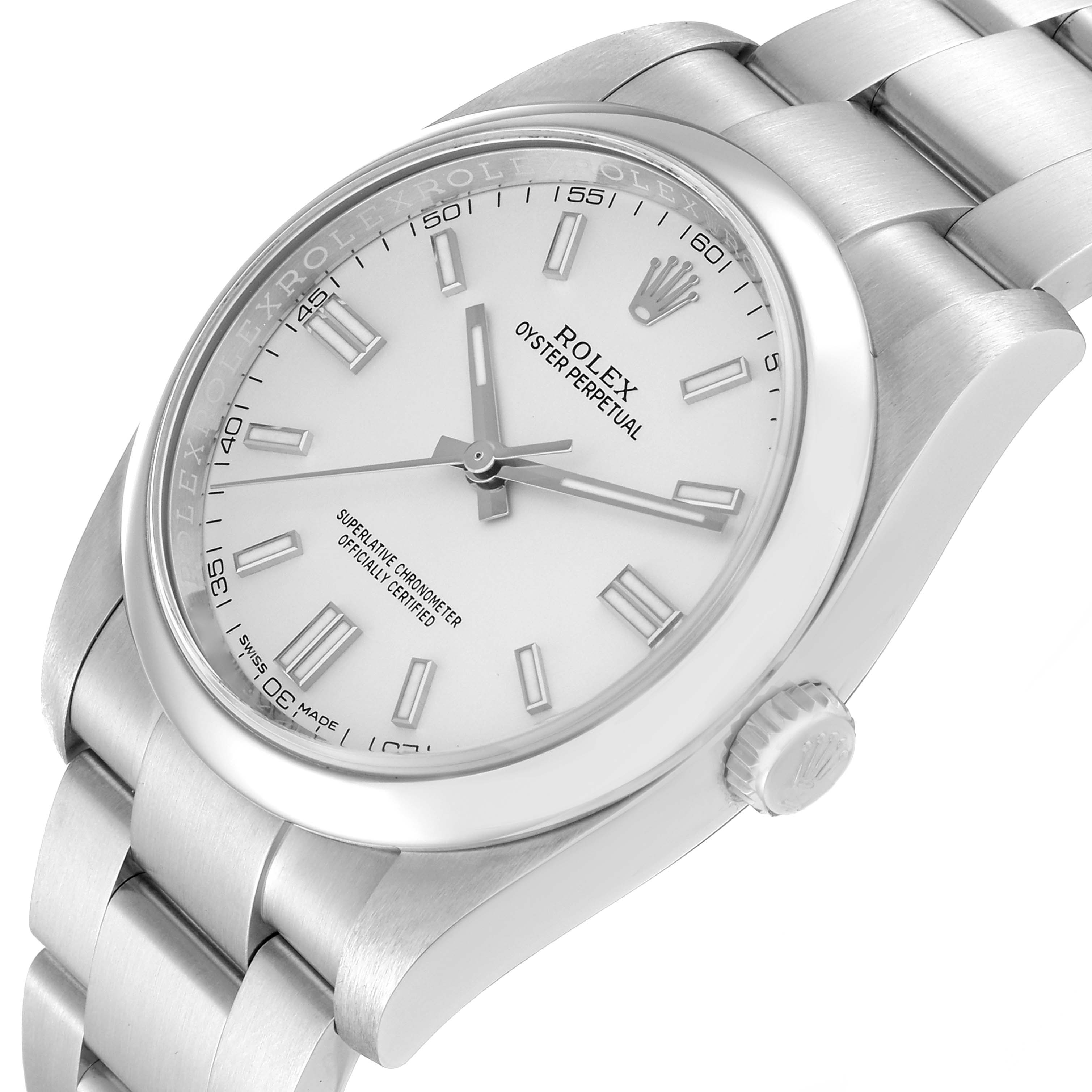 The image shows a close-up, angled view of a Rolex Oyster Perpetual 116000 Men's Stainless Steel White Dial 116000 Men's Stainless Steel White Dial watch featuring its dial, case, crown, and bracelet.