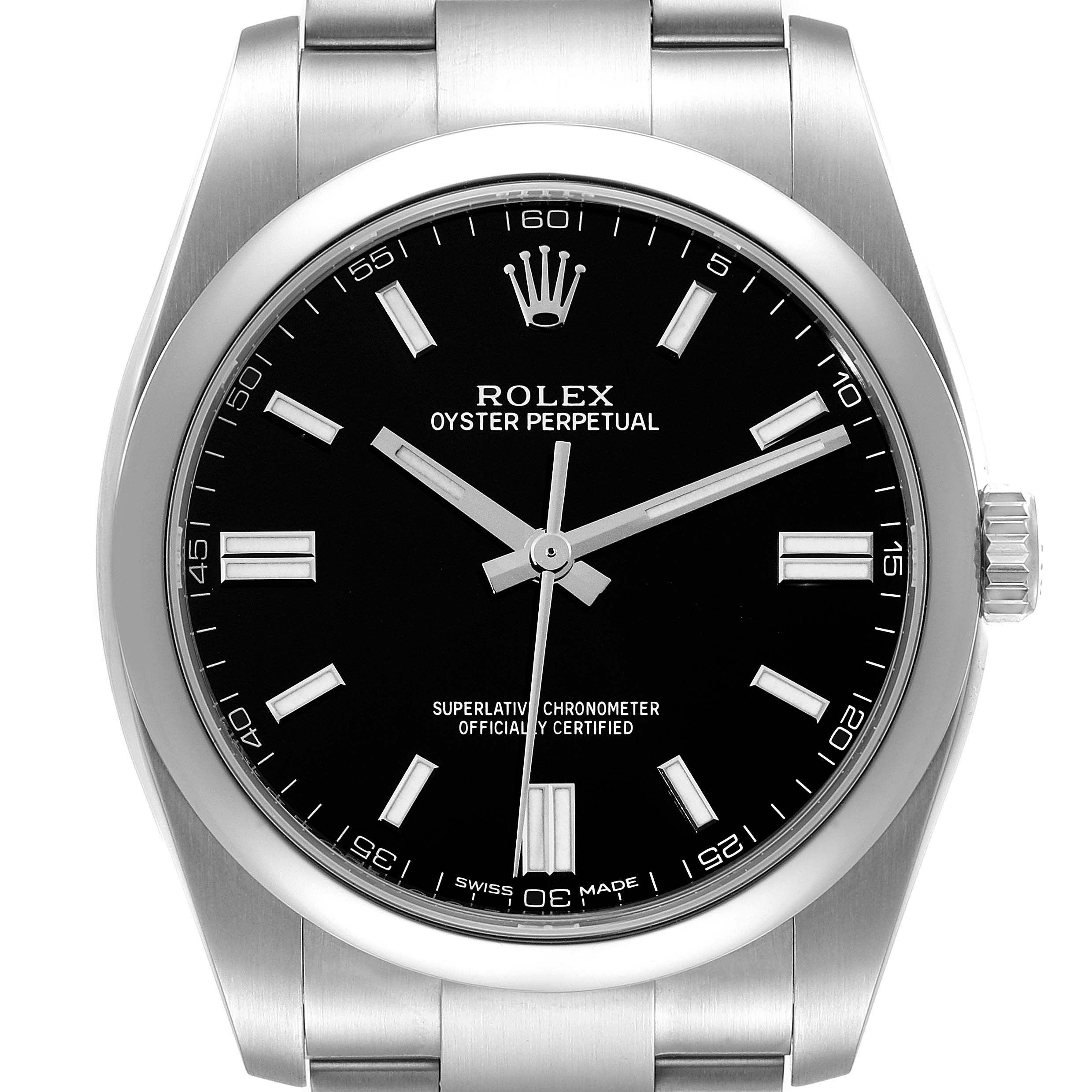 This image shows a front angle view of a Rolex Oyster Perpetual 116000 Men's Stainless Steel Black Dial 116000 Men's Stainless Steel Black Dial watch, displaying the black dial and stainless steel bracelet.