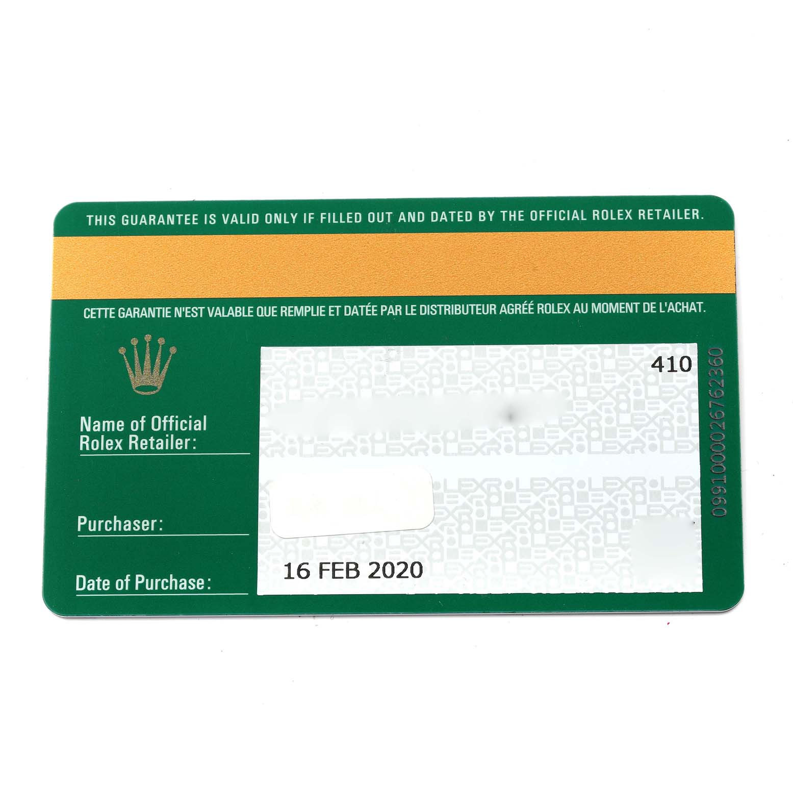 This image shows the warranty card for the Rolex Oyster Perpetual 116000 Men's Stainless Steel Black Dial 116000 Men's Stainless Steel Black Dial model.