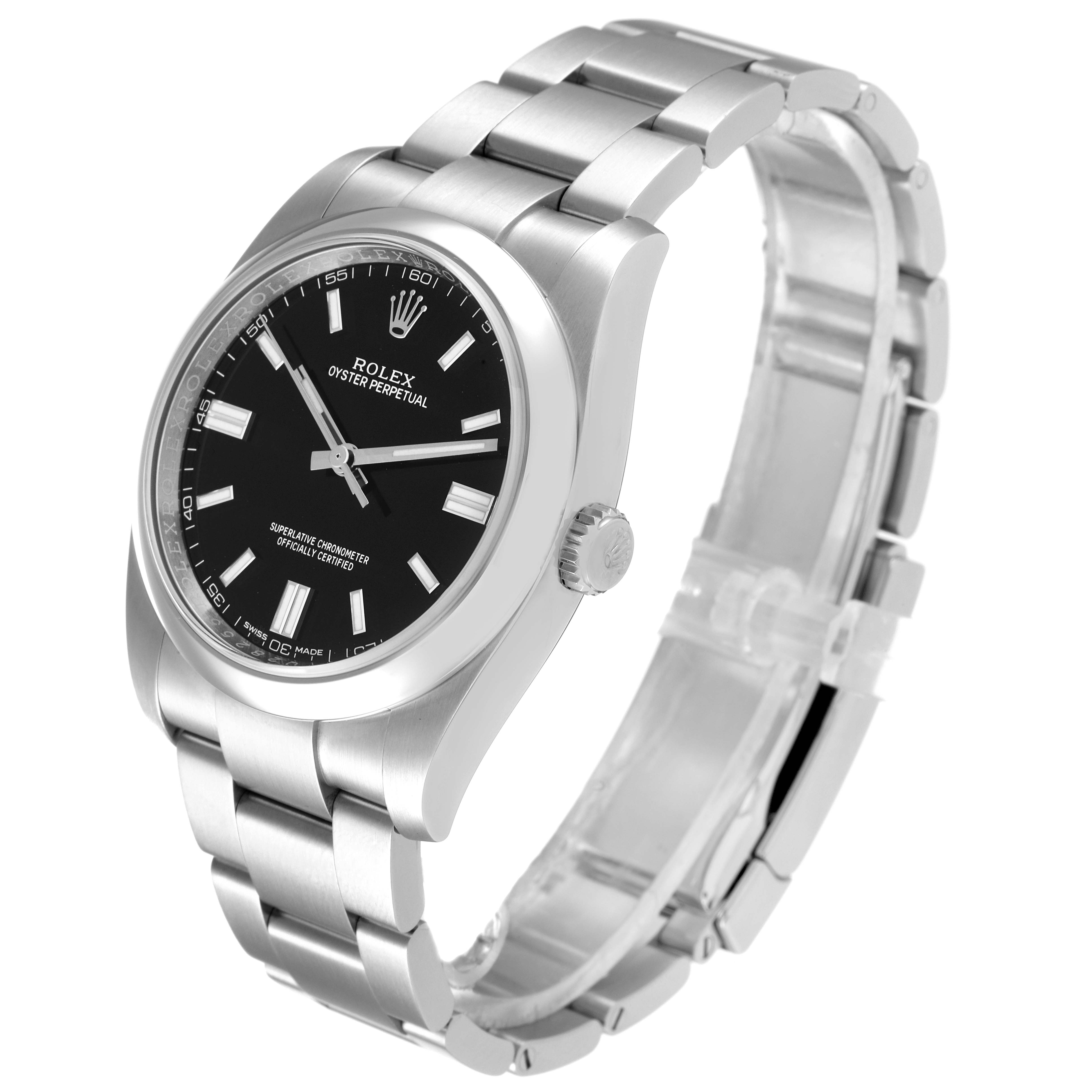 This image shows a side view of a Rolex Oyster Perpetual 116000 Men's Stainless Steel Black Dial 116000 Men's Stainless Steel Black Dial watch, displaying its bracelet, case, dial, and crown.