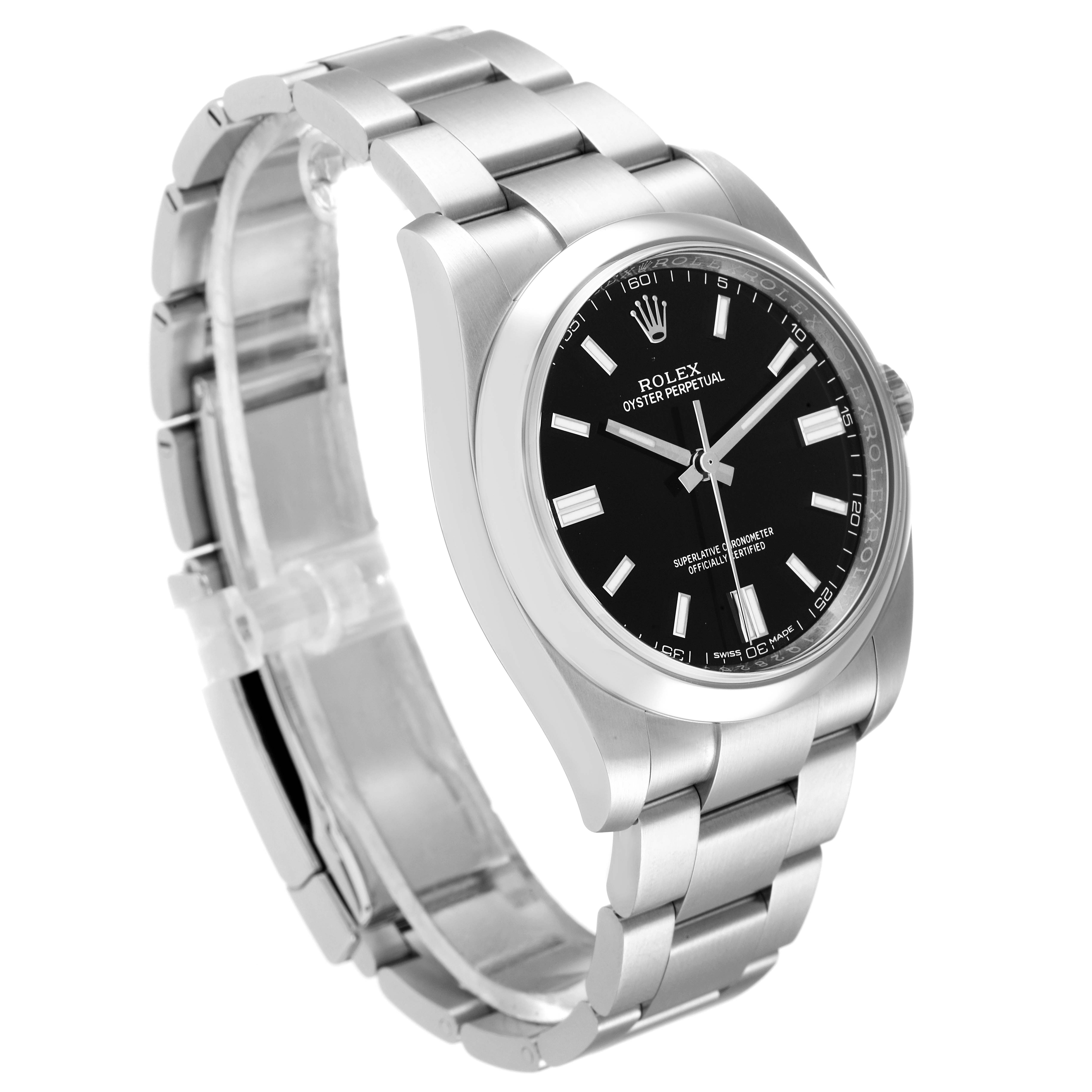 This image shows a Rolex Oyster Perpetual 116000 Men's Stainless Steel Black Dial 116000 Men's Stainless Steel Black Dial watch at a three-quarter angle, highlighting its stainless steel band and black dial.