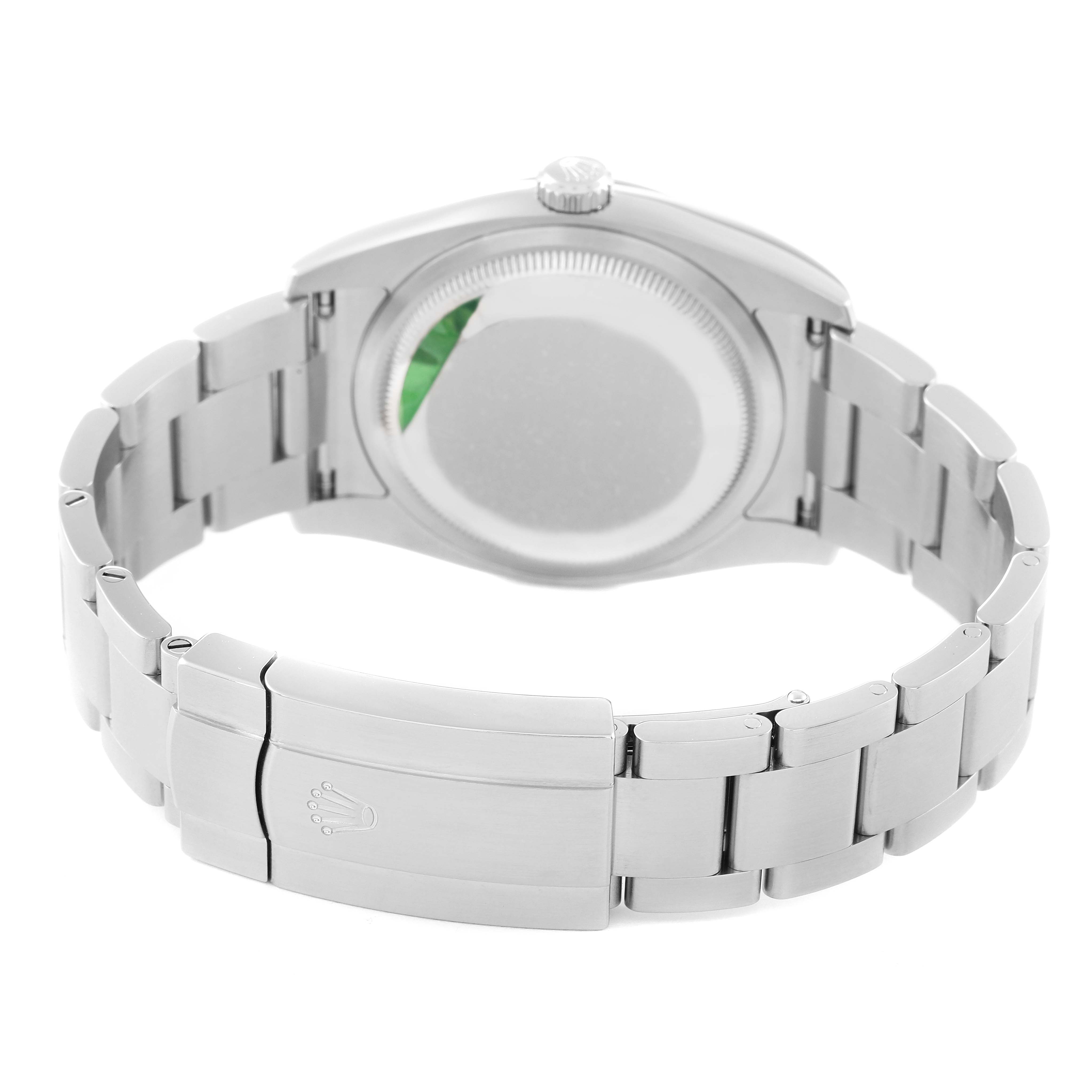 This Rolex Oyster Perpetual 116000 Men's Stainless Steel Black Dial 116000 Men's Stainless Steel Black Dial watch is shown from the back, highlighting the case back, crown, and bracelet clasp.