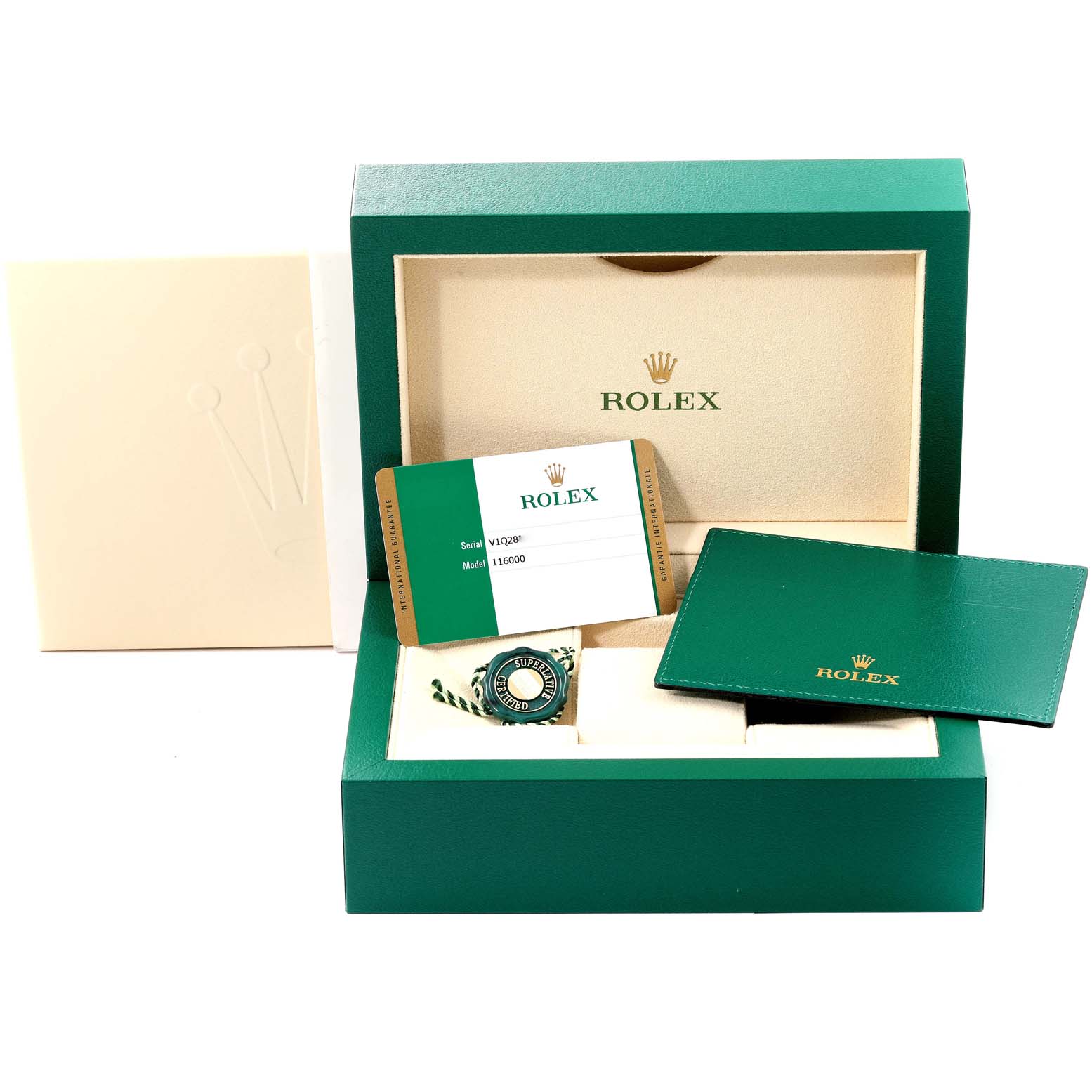 The image shows the packaging, warranty card, booklet, and accessories for a Rolex Oyster Perpetual 116000 Men's Stainless Steel Black Dial 116000 Men's Stainless Steel Black Dial model.