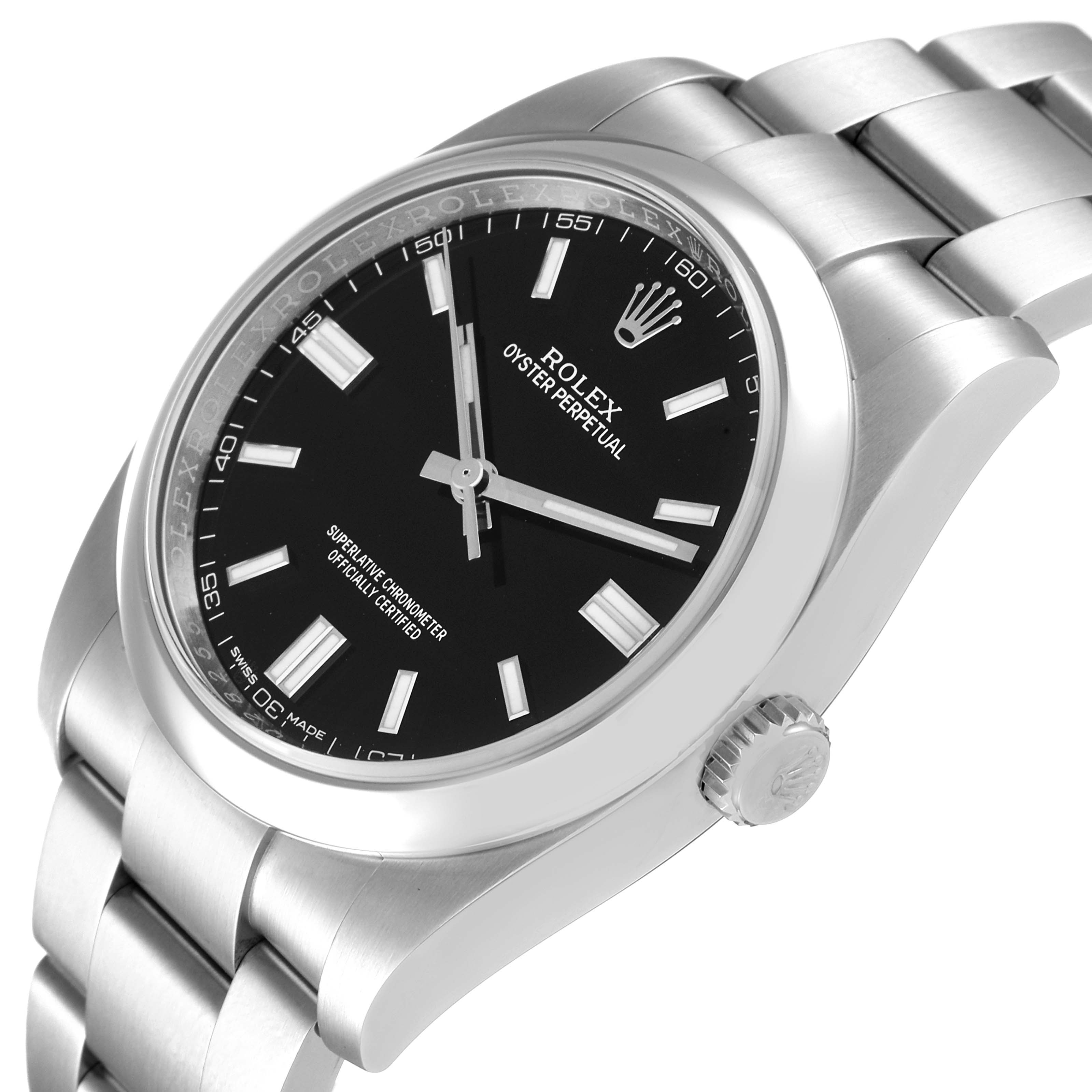 The image shows a Rolex Oyster Perpetual 116000 Men's Stainless Steel Black Dial 116000 Men's Stainless Steel Black Dial watch at an angled view, highlighting its black dial, stainless steel case, and bracelet.