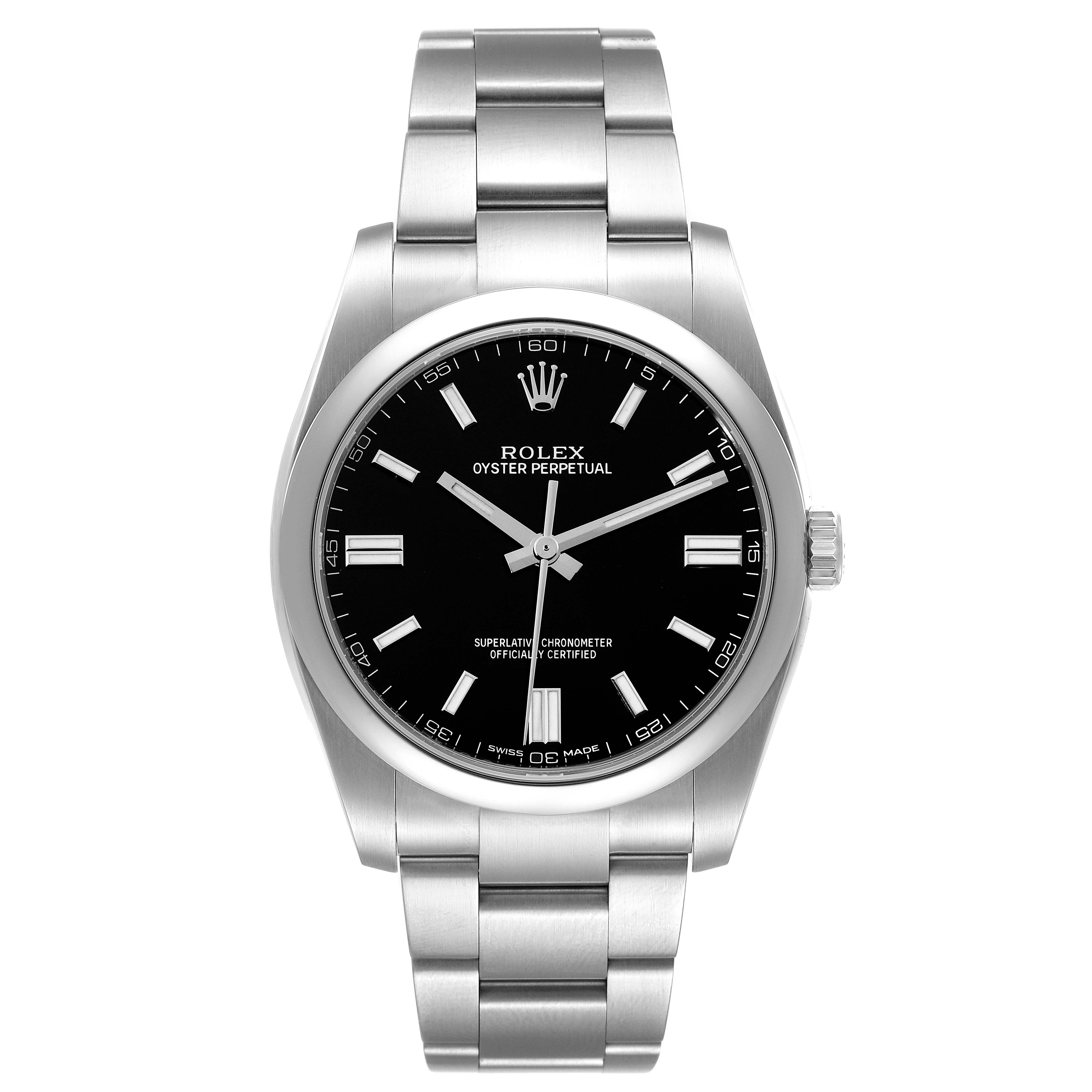 The image shows a Rolex Oyster Perpetual 116000 Men's Stainless Steel Black Dial 116000 Men's Stainless Steel Black Dial watch from a front view, highlighting the dial, case, and bracelet.