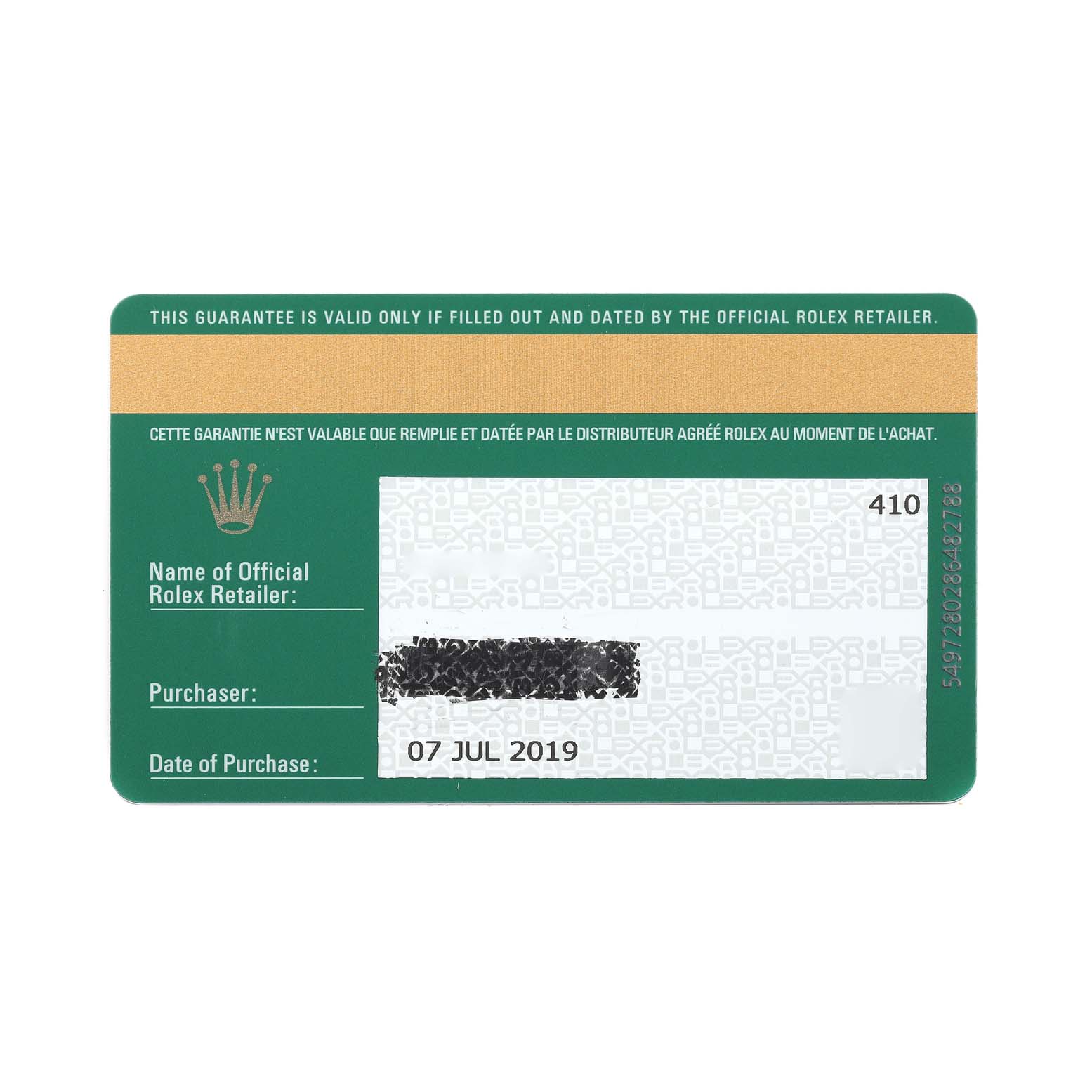 The image shows a warranty card for a Mid-Size Rolex watch, displaying purchase details and retailer information.