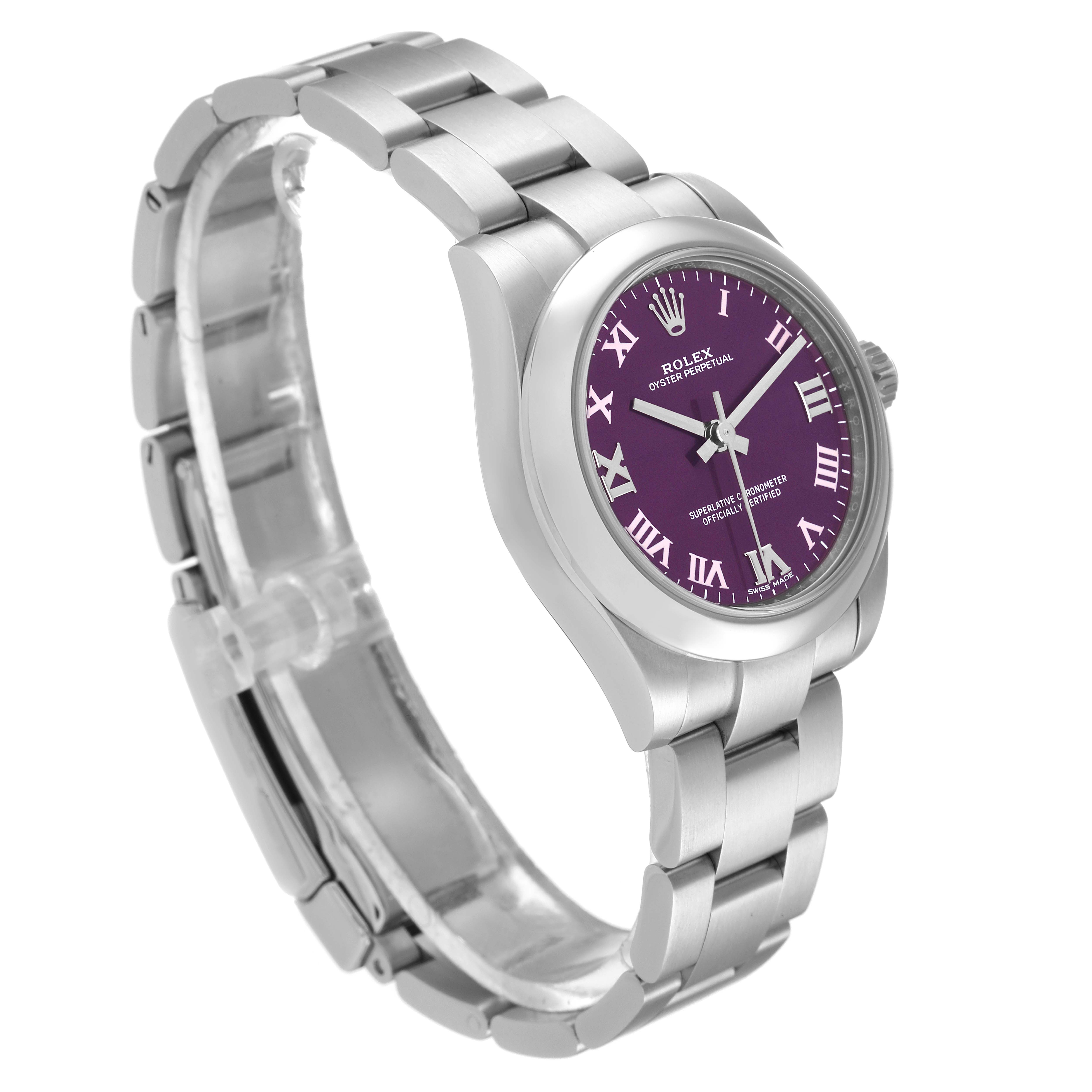 The Rolex Mid-Size 177200 Women's Stainless Steel Burgundy Dial 177200 Women's Stainless Steel Burgundy Dial model is shown from an angled front view, highlighting the purple dial and stainless steel bracelet.