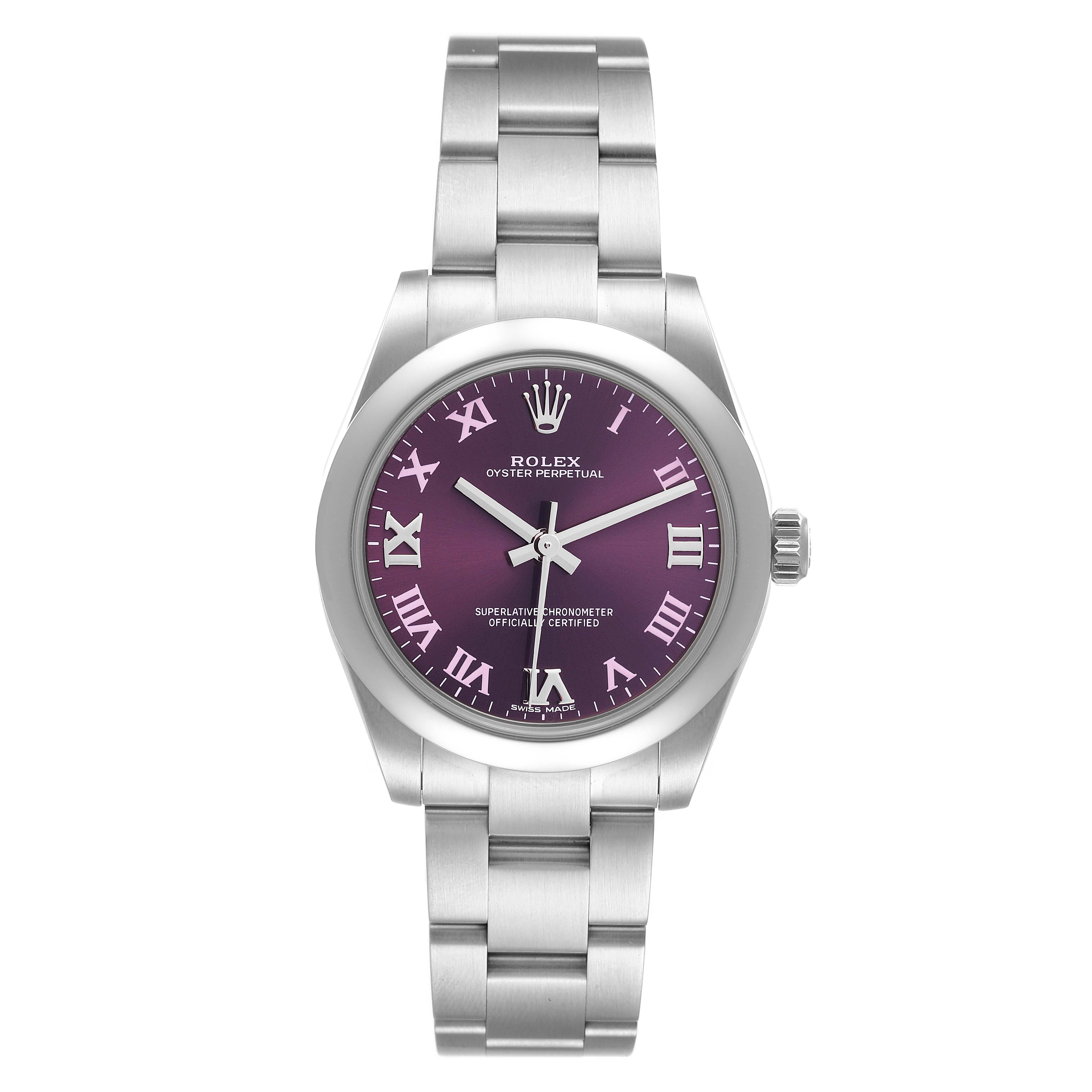 The image shows a front view of a Rolex Oyster Perpetual Mid-Size watch with a purple dial and silver bracelet.