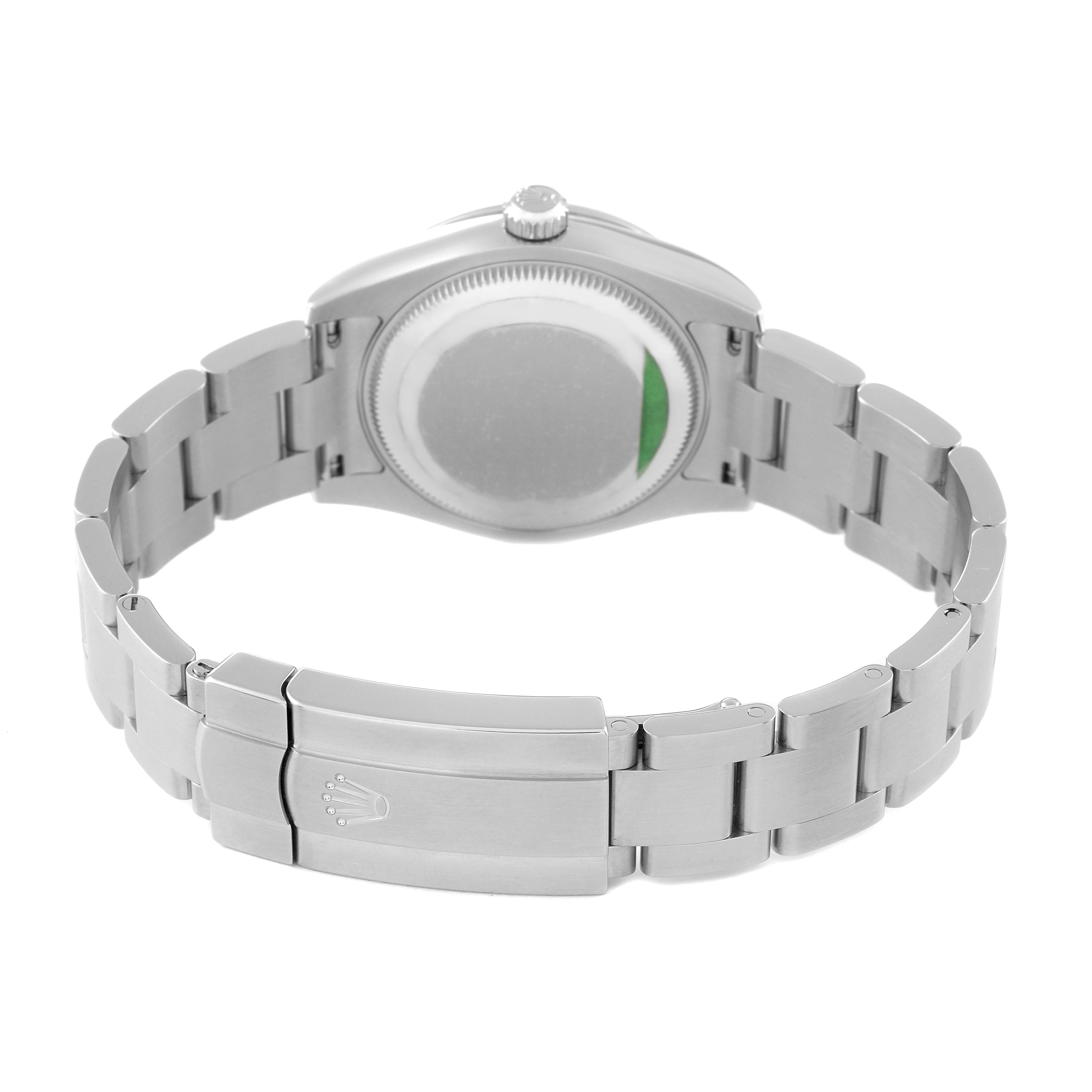 The image shows the back case and bracelet of a Rolex Mid-Size 177200 Women's Stainless Steel Burgundy Dial 177200 Women's Stainless Steel Burgundy Dial model watch from a rear angle.