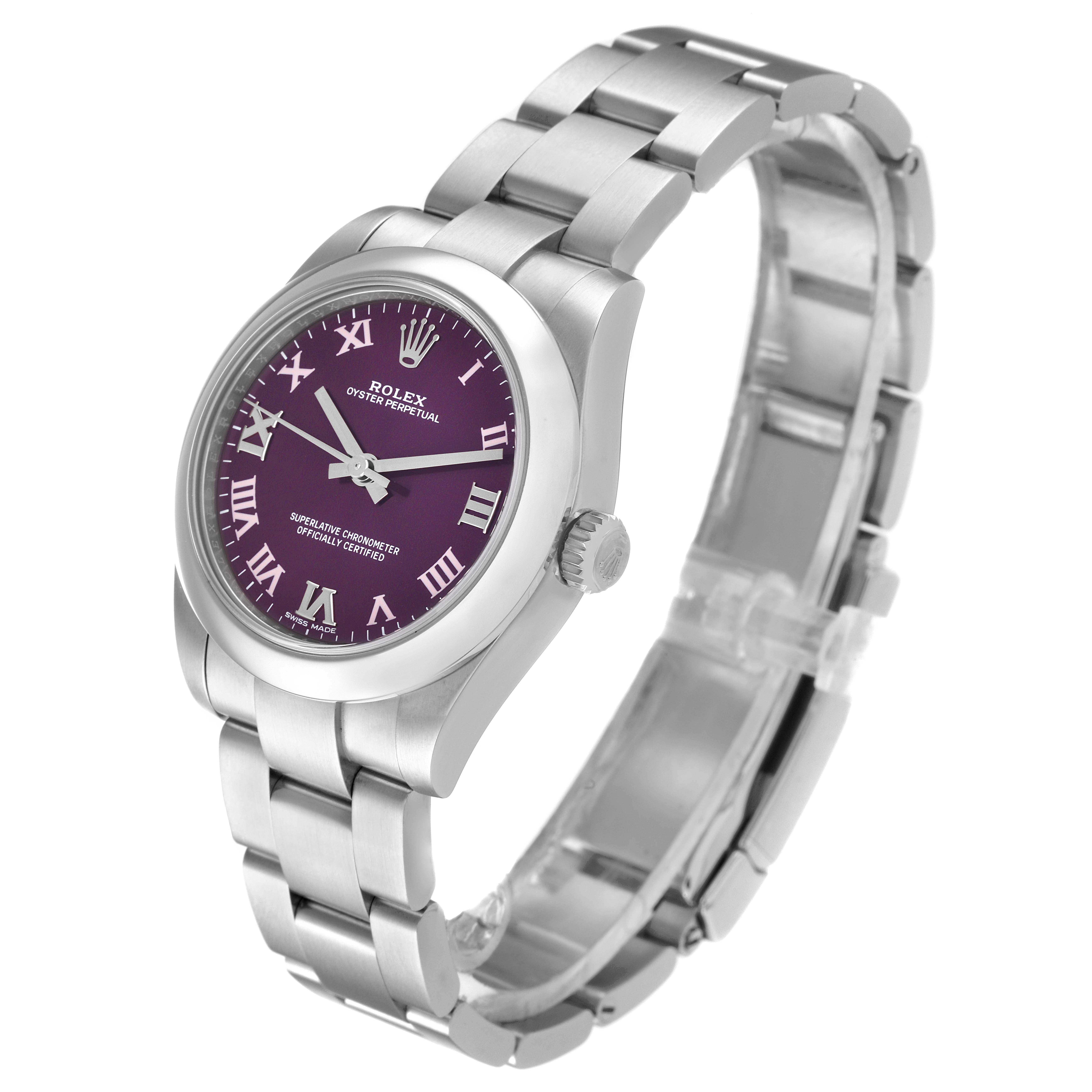This Rolex Mid-Size 177200 Women's Stainless Steel Burgundy Dial 177200 Women's Stainless Steel Burgundy Dial model watch is shown at a three-quarter front angle, displaying its purple dial and metal strap.