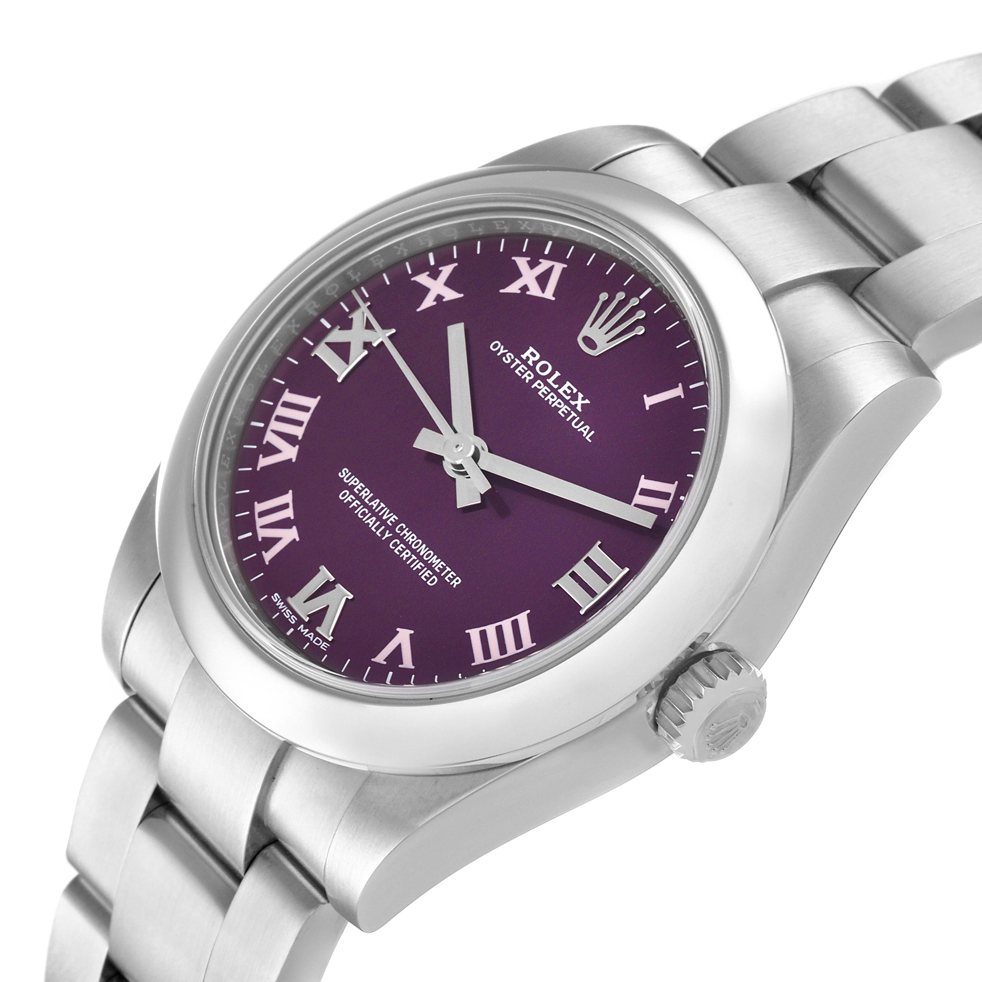 The image shows a Rolex Mid-Size 177200 Women's Stainless Steel Burgundy Dial 177200 Women's Stainless Steel Burgundy Dial Oyster Perpetual watch at an angled view highlighting the face, bracelet, and crown.