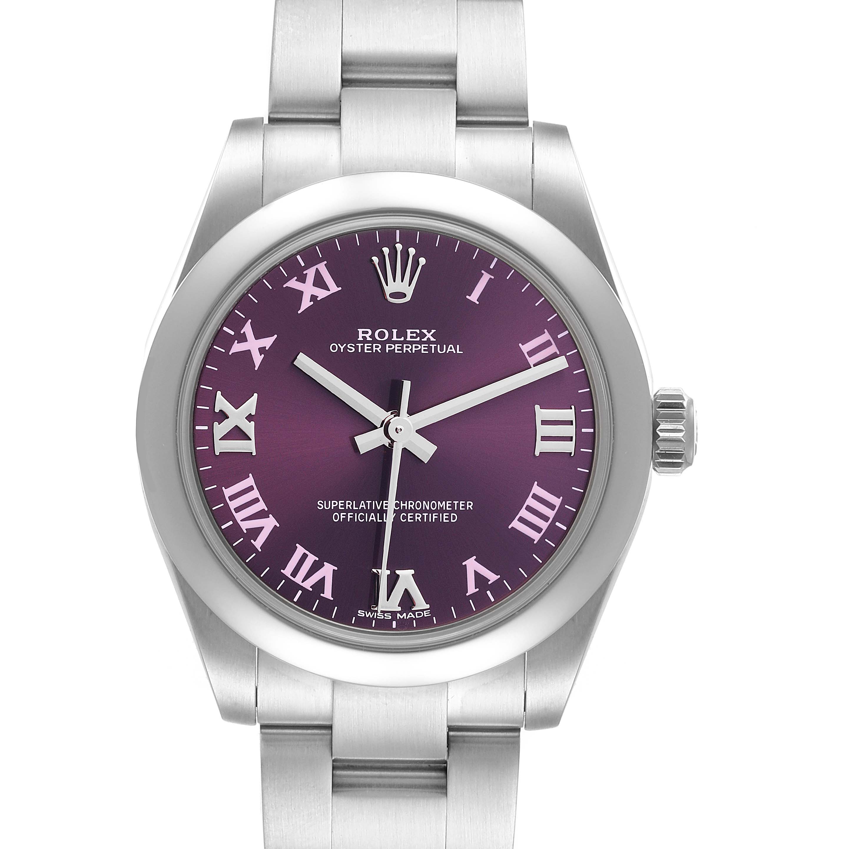 This Rolex Mid-Size 177200 Women's Stainless Steel Burgundy Dial 177200 Women's Stainless Steel Burgundy Dial Oyster Perpetual watch is shown from a front angle, highlighting the face, bezel, crown, and bracelet.