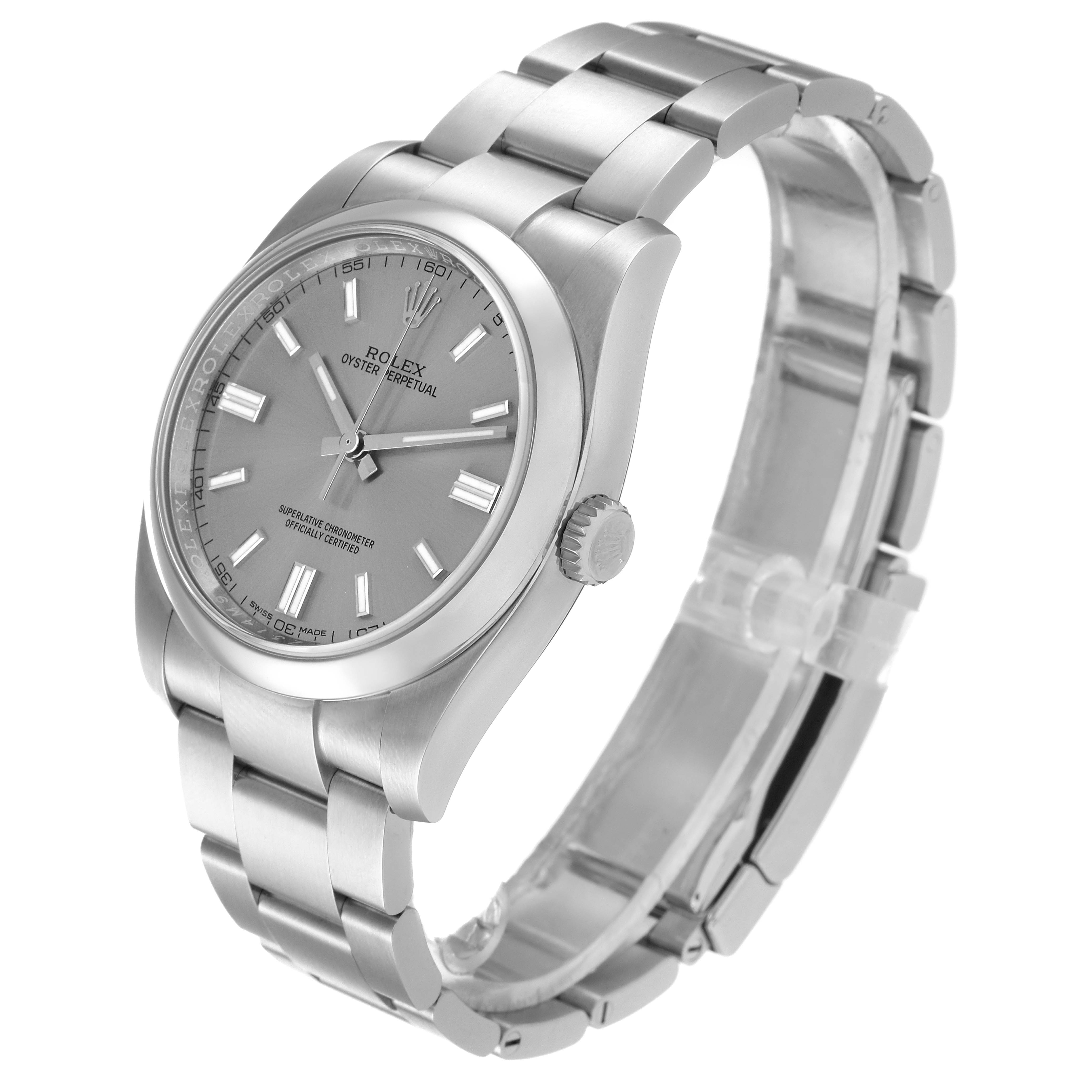 The image shows a Rolex Oyster Perpetual 116000 Men
s Stainless Steel Grey Dial 116000 Men
s Stainless Steel Grey Dial watch at a three-quarter angle, highlighting the face, bezel, and bracelet.