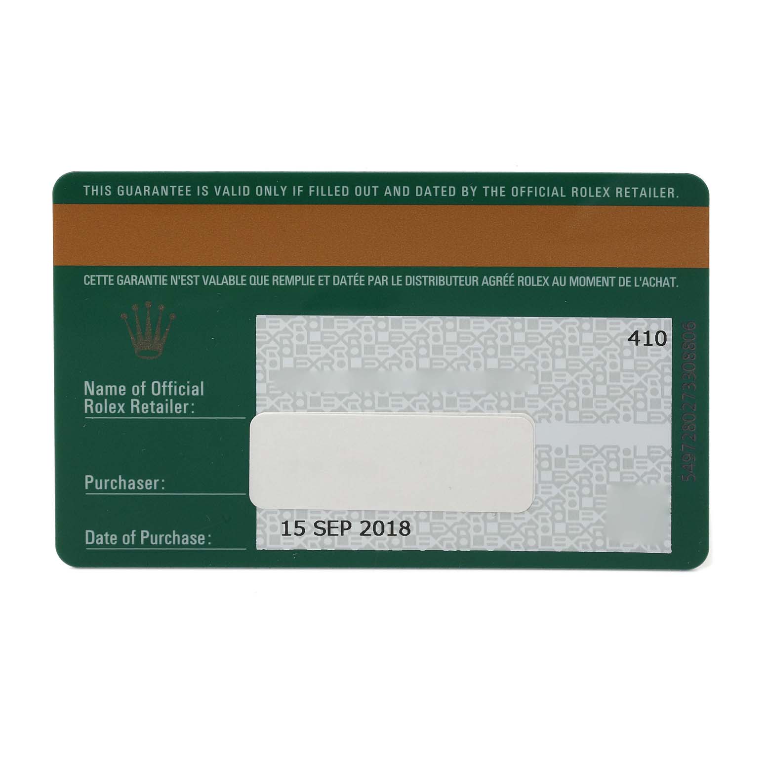 This image shows the guarantee card for the Rolex Oyster Perpetual 116000 Men
s Stainless Steel Grey Dial 116000 Men
s Stainless Steel Grey Dial watch.