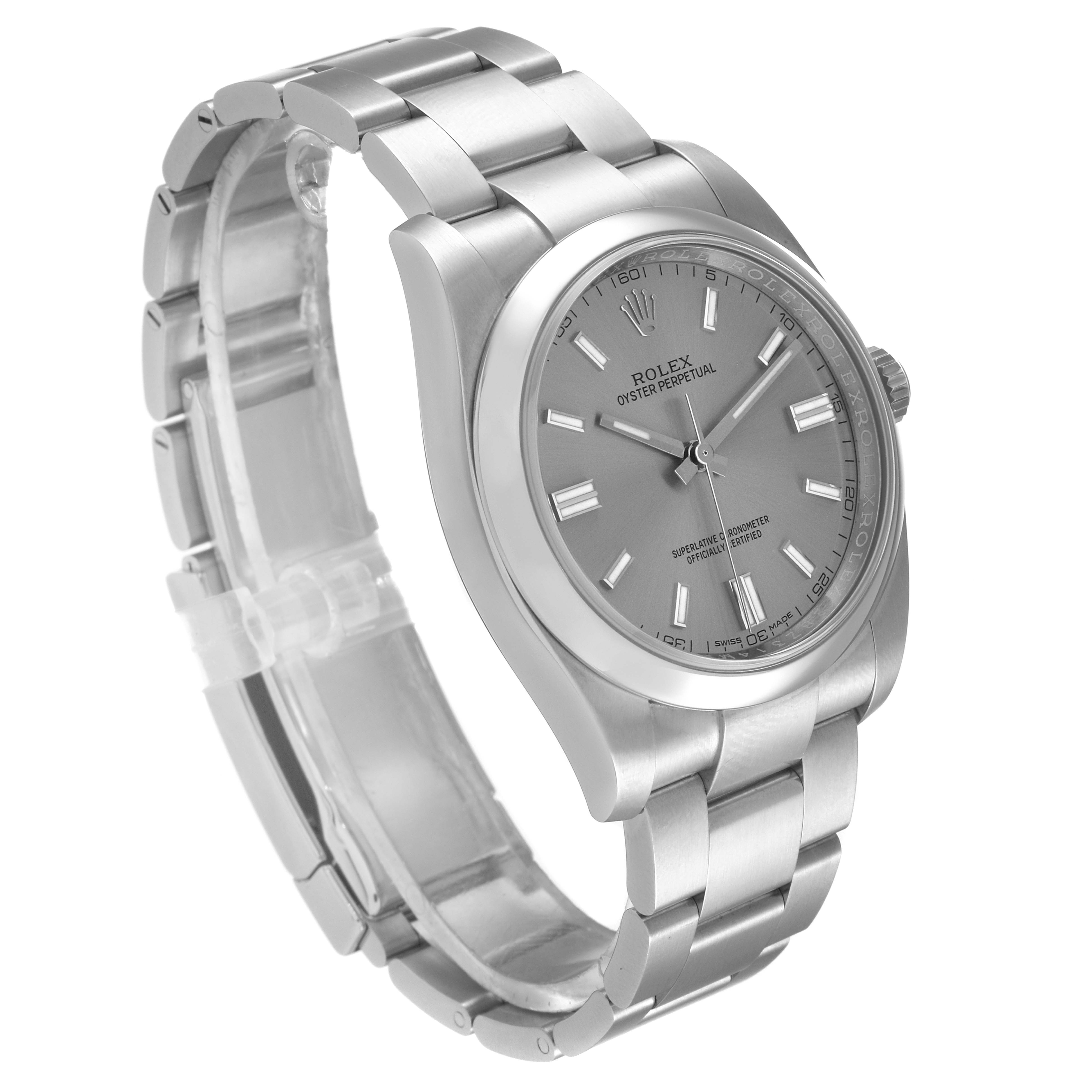 The image shows a Rolex Oyster Perpetual 116000 Men
s Stainless Steel Grey Dial 116000 Men
s Stainless Steel Grey Dial watch from a three-quarter side angle, displaying the face, bezel, and bracelet.