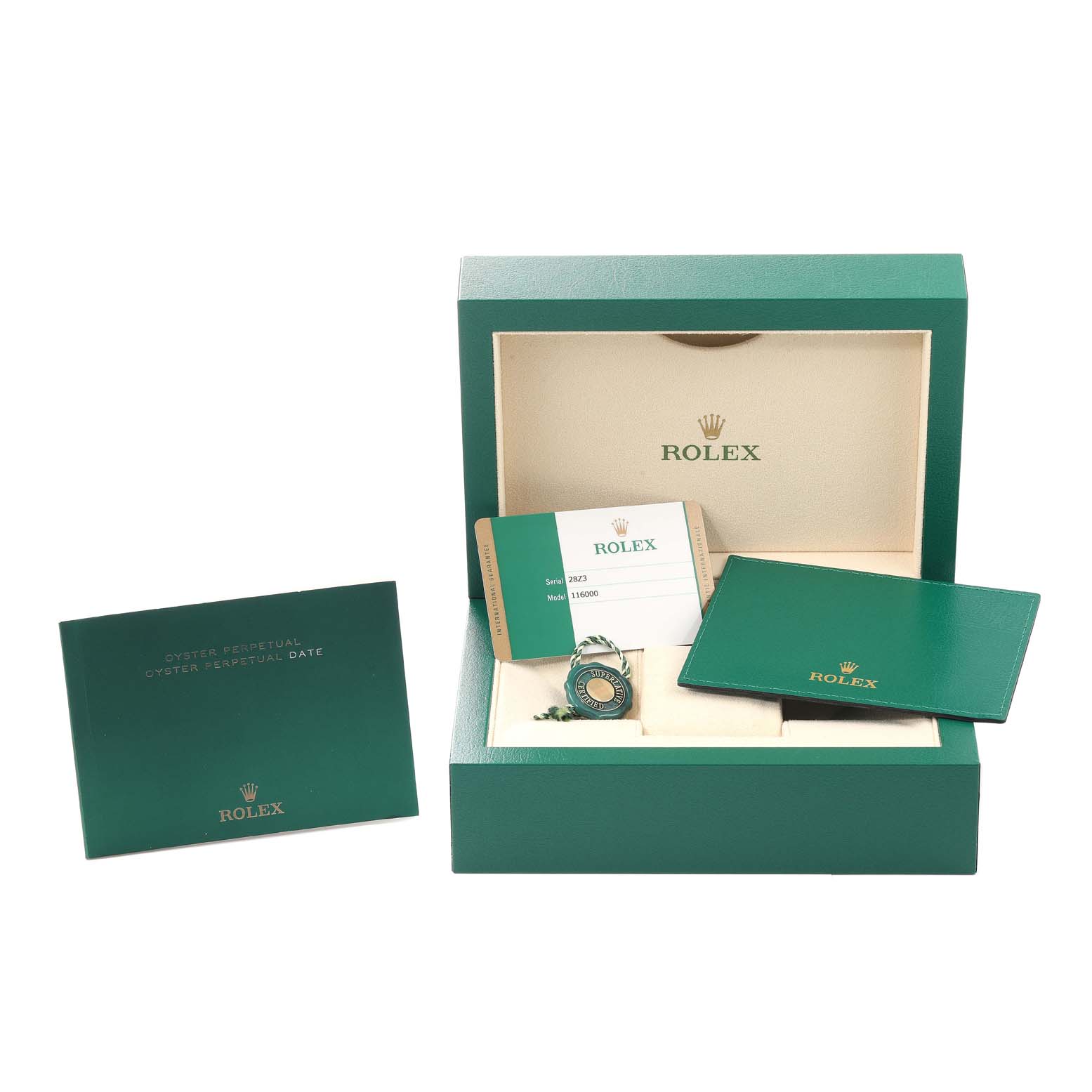 This image shows a Rolex Oyster Perpetual 116000 Men
s Stainless Steel Grey Dial 116000 Men
s Stainless Steel Grey Dial watch with its accessories, packaging, and documentation from a front angle.