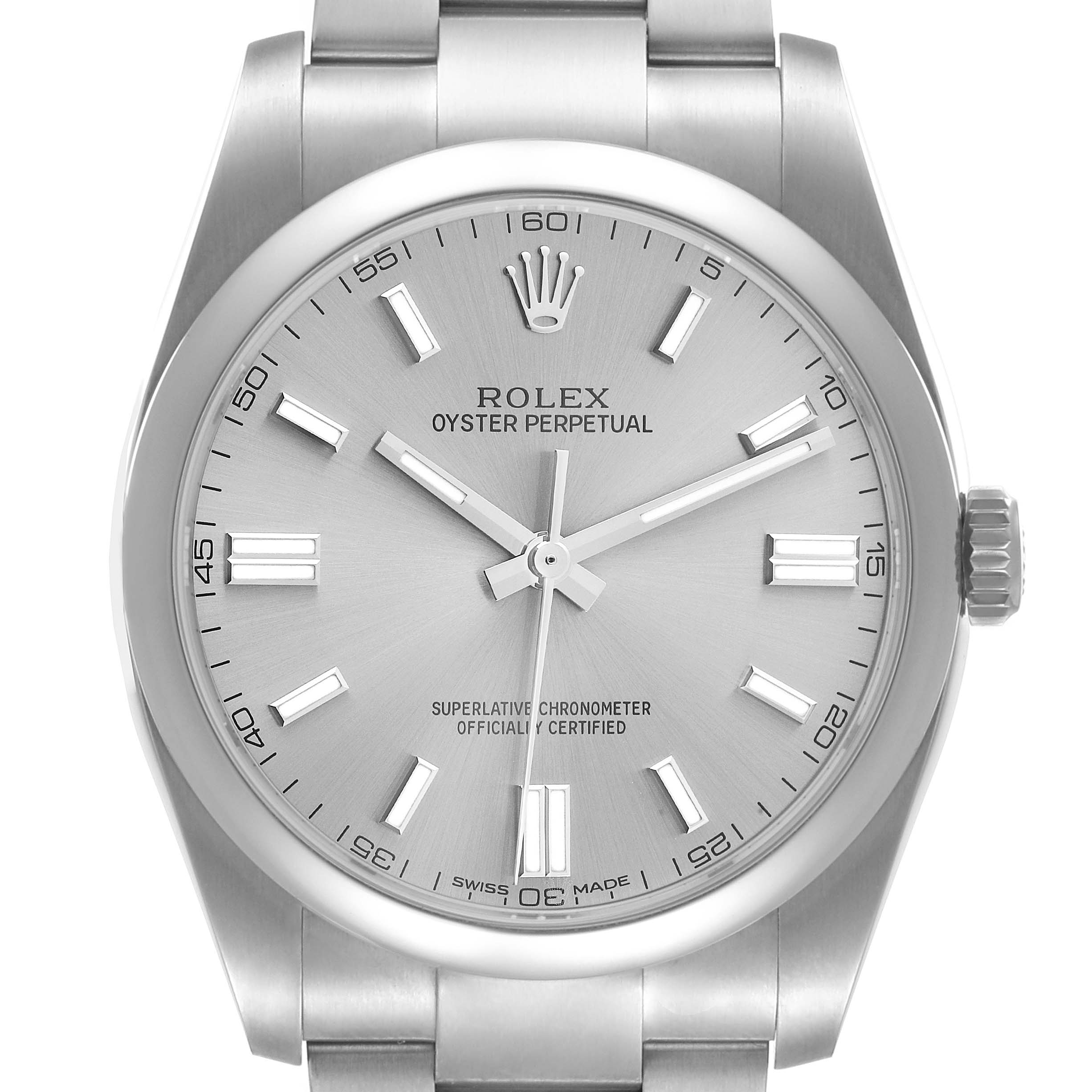 This is a front-facing view of the Rolex Oyster Perpetual 116000 Men
s Stainless Steel Grey Dial 116000 Men
s Stainless Steel Grey Dial watch, showing the entire dial, bezel, bracelet, and crown.