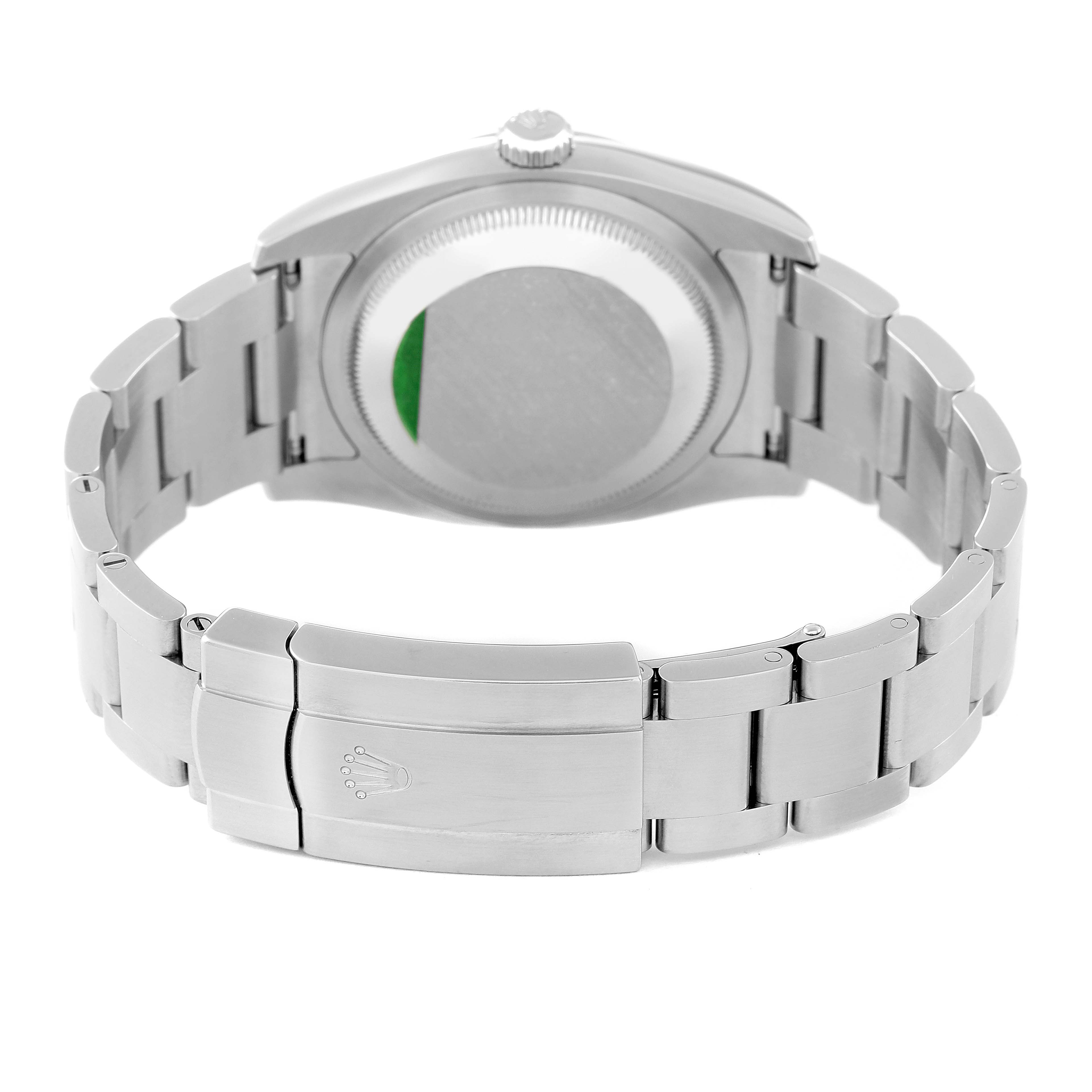 The image shows the back and bracelet of a Rolex Oyster Perpetual 116000 Men
s Stainless Steel Grey Dial 116000 Men
s Stainless Steel Grey Dial watch from a rear angle.