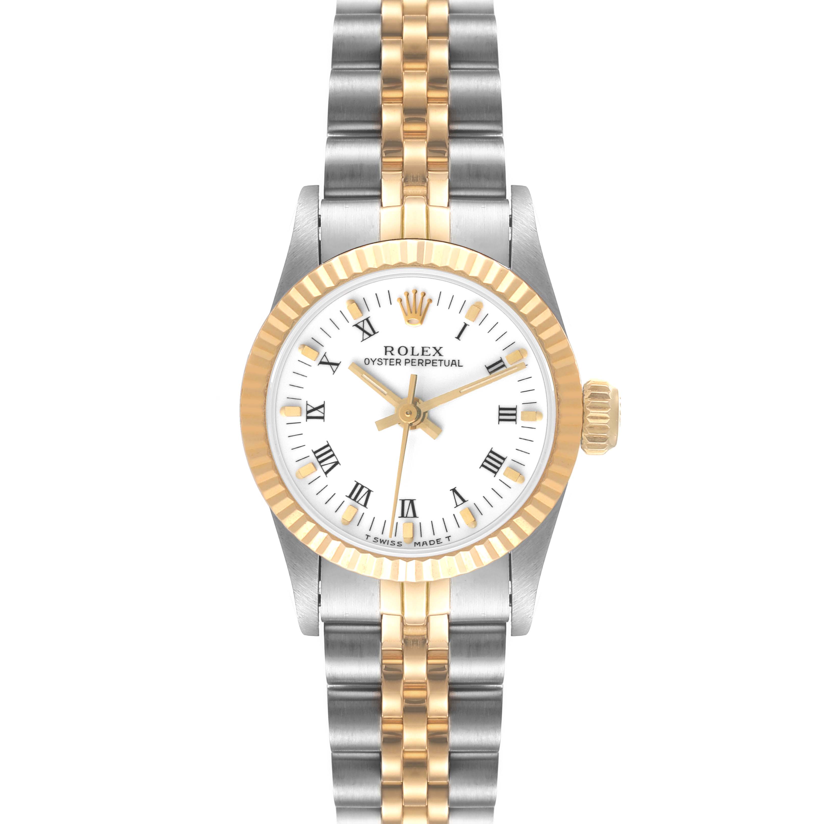 This image shows a front view of the Rolex Oyster Perpetual 67193 Women
s Steel and Gold (two tone) White Dial 67193 Women
s Steel and Gold (two tone) White Dial watch, highlighting its dial, bezel, and bracelet.