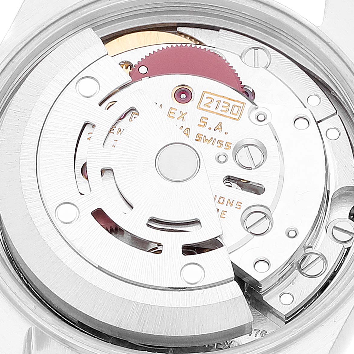 The image shows a close-up of the movement mechanism of a Rolex Oyster Perpetual 67193 Women
s Steel and Gold (two tone) White Dial 67193 Women
s Steel and Gold (two tone) White Dial watch, featuring the rotor and other components.
