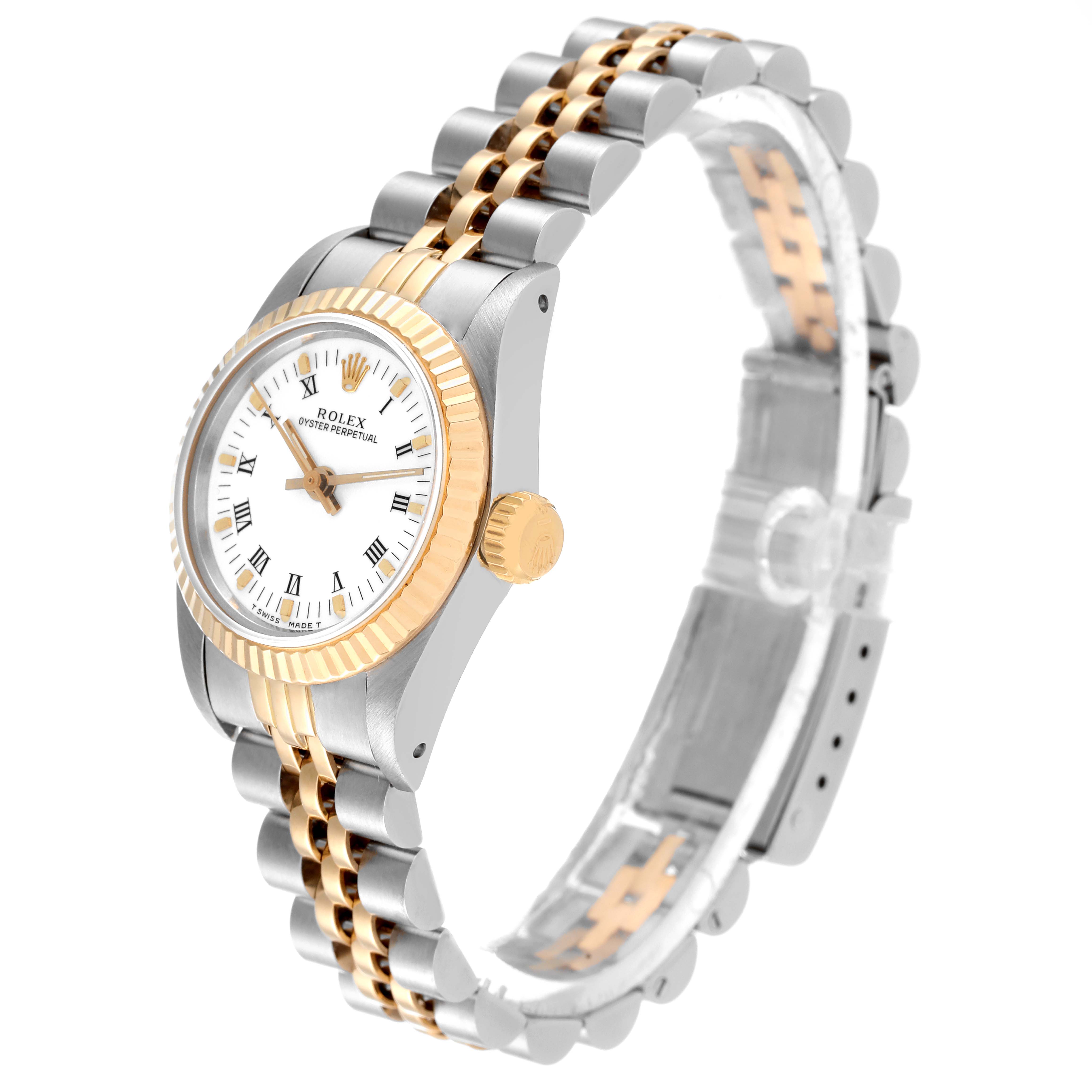 The image shows a side angle of the Rolex Oyster Perpetual 67193 Women
s Steel and Gold (two tone) White Dial 67193 Women
s Steel and Gold (two tone) White Dial watch, highlighting the dial, bezel, crown, and two-tone bracelet.