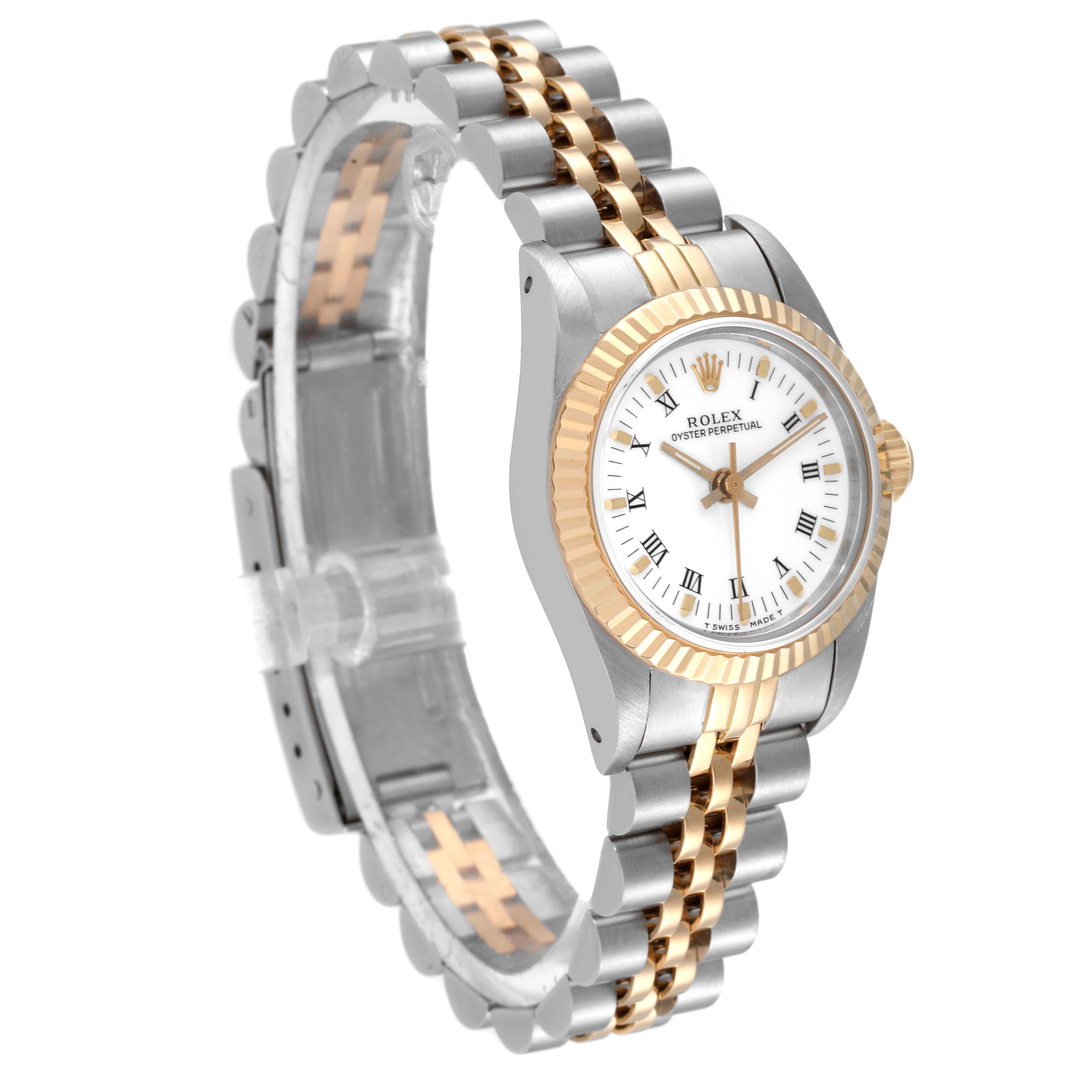 The image shows a Rolex Oyster Perpetual 67193 Women
s Steel and Gold (two tone) White Dial 67193 Women
s Steel and Gold (two tone) White Dial watch angled from the left, highlighting its two-tone bracelet and fluted bezel.