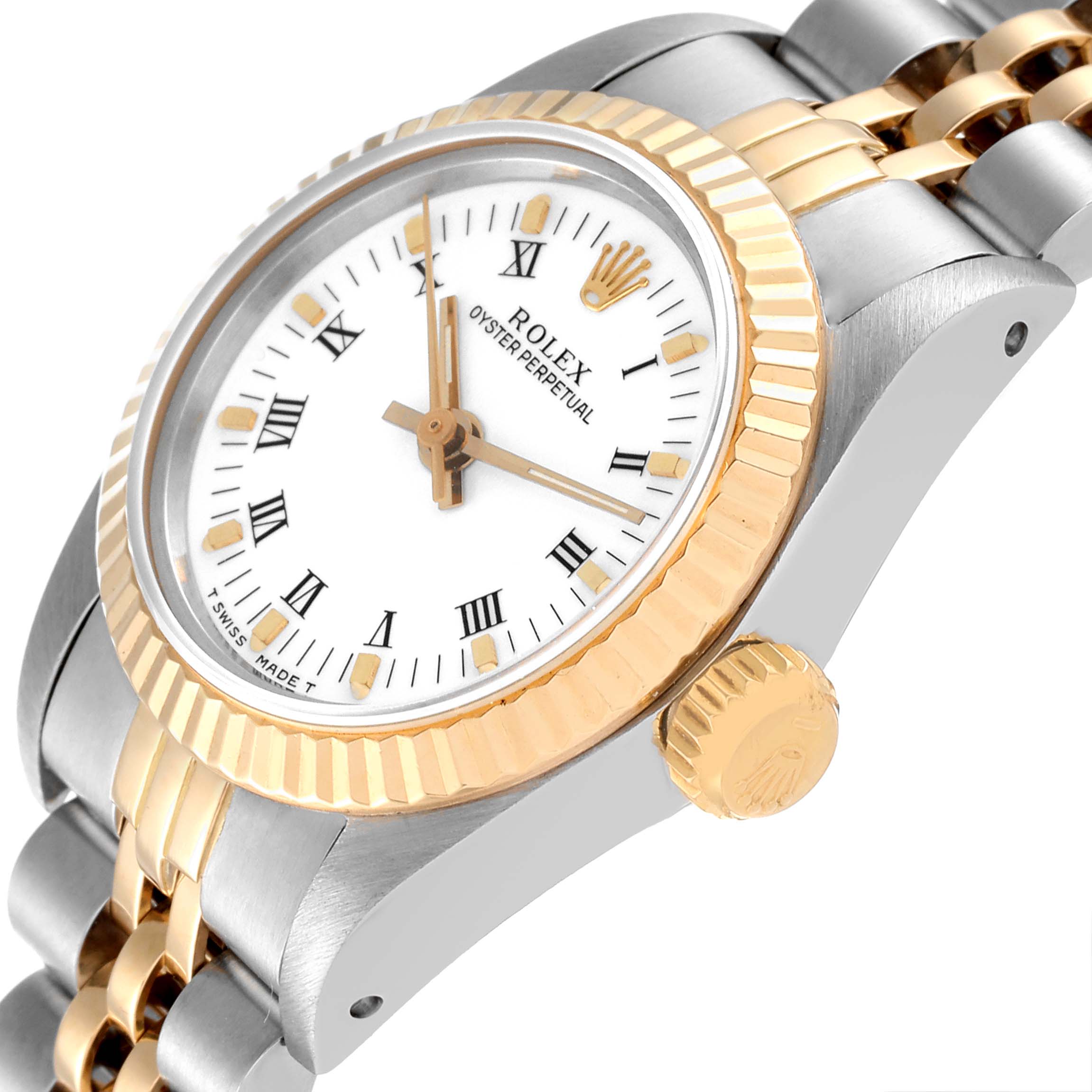 This is an angled view of a Rolex Oyster Perpetual 67193 Women
s Steel and Gold (two tone) White Dial 67193 Women
s Steel and Gold (two tone) White Dial watch showing the crown, bezel, and part of the bracelet.