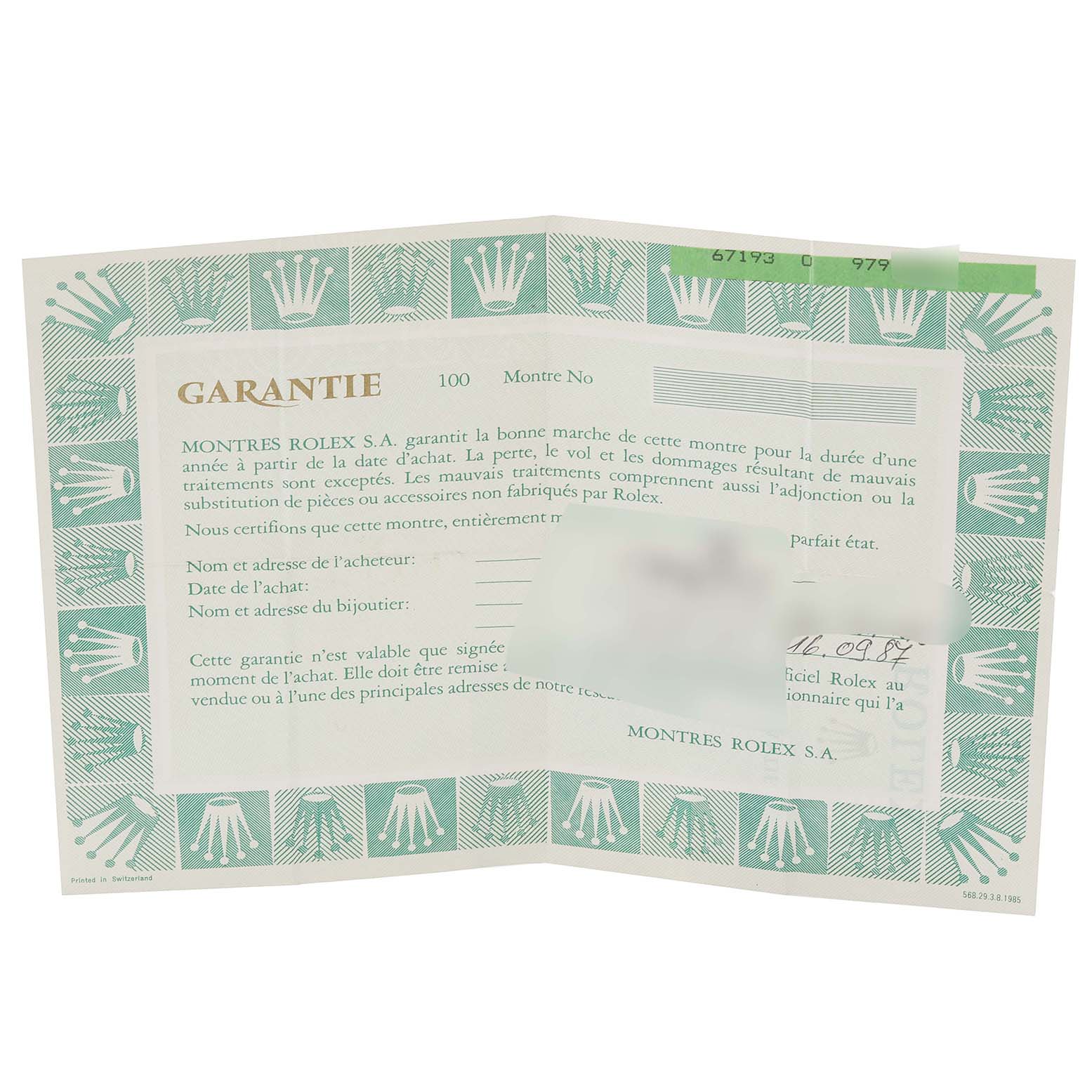 The image depicts a warranty certificate for the Rolex Oyster Perpetual 67193 Women
s Steel and Gold (two tone) White Dial 67193 Women
s Steel and Gold (two tone) White Dial model watch.