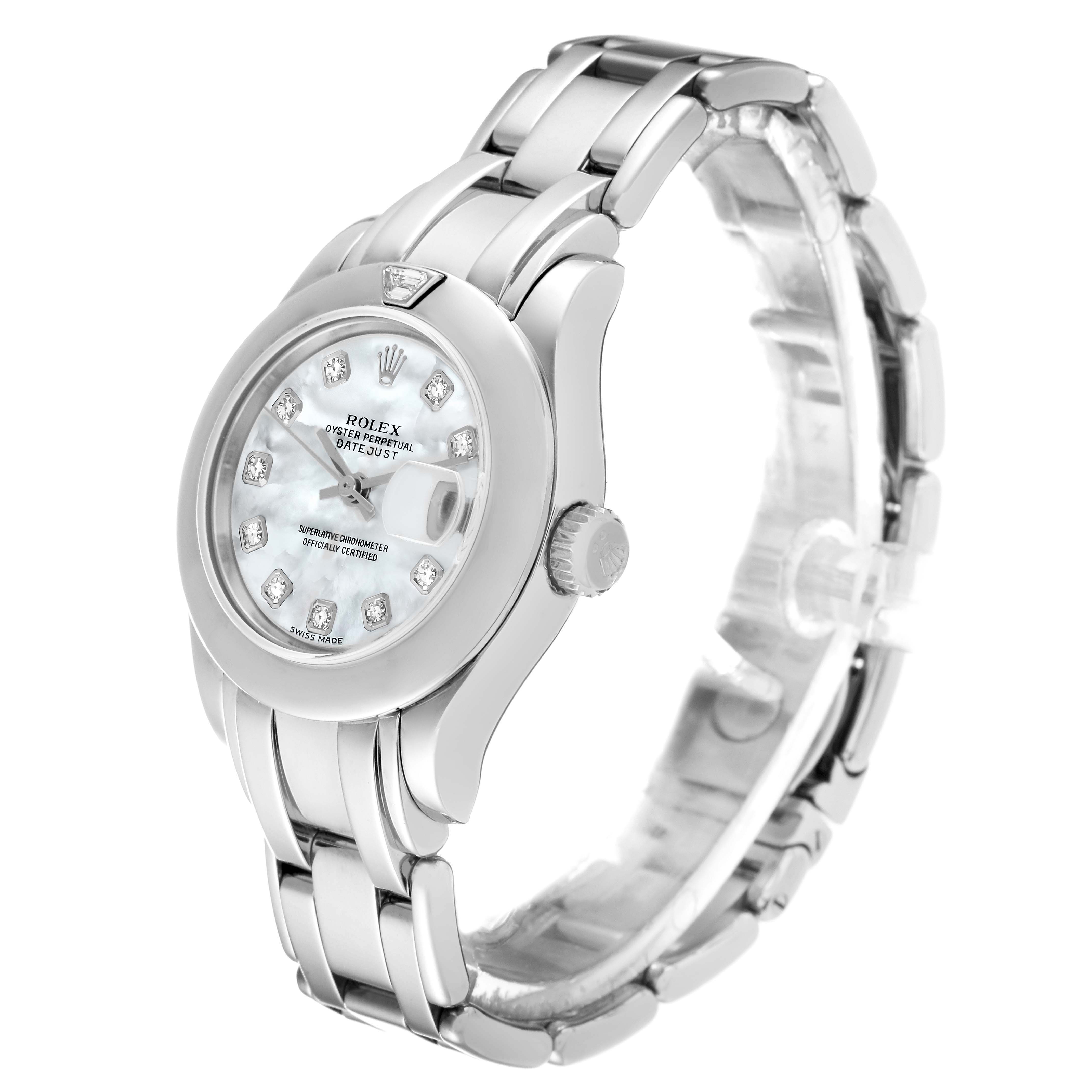 The image shows a side angle of a Rolex Pearlmaster 69329 Women's White Gold Mother of Pearl Dial 69329 Women's White Gold Mother of Pearl Dial watch, highlighting its dial, bezel, crown, and bracelet.