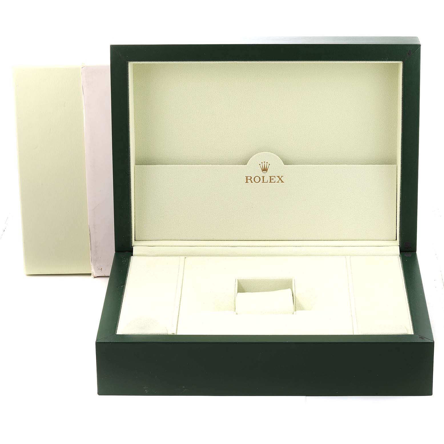 The image shows the open box of a Rolex Pearlmaster 69329 Women's White Gold Mother of Pearl Dial 69329 Women's White Gold Mother of Pearl Dial watch, revealing its cream interior and Rolex logo inside the lid.