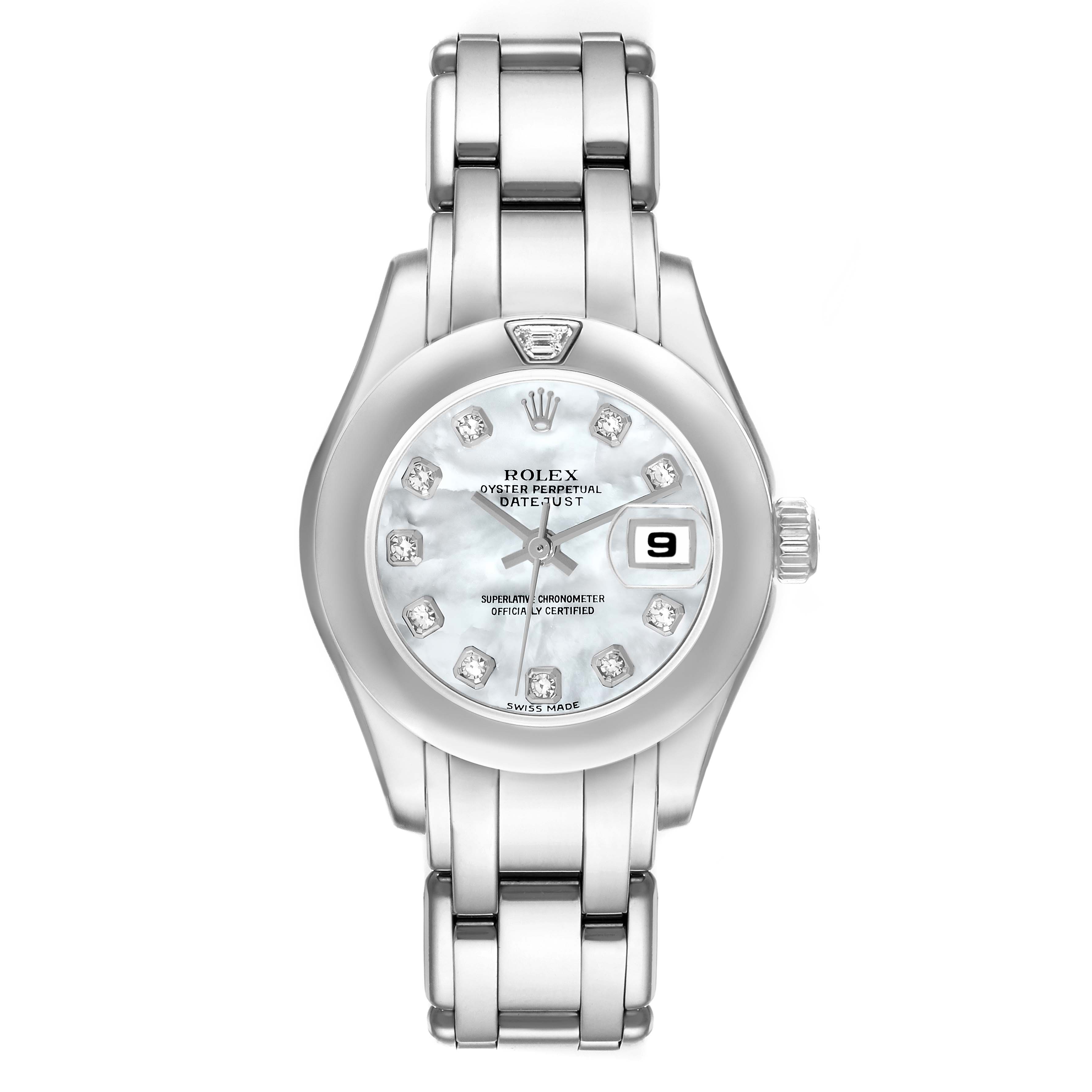 This image shows a Rolex Pearlmaster 69329 Women's White Gold Mother of Pearl Dial 69329 Women's White Gold Mother of Pearl Dial watch from a front angle, displaying the face, band, and crown.