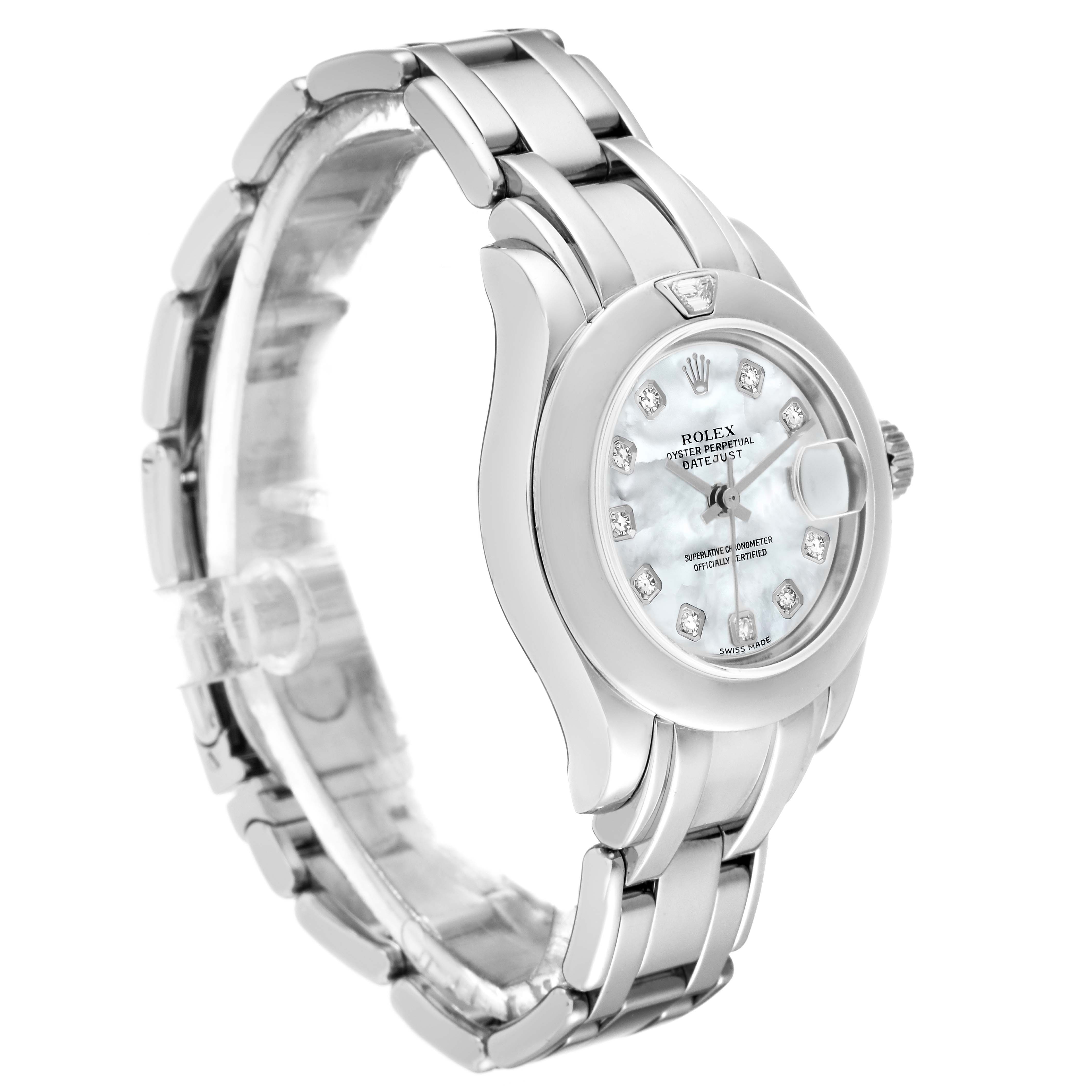 The Rolex Pearlmaster 69329 Women's White Gold Mother of Pearl Dial 69329 Women's White Gold Mother of Pearl Dial watch is shown at a three-quarter angle, displaying the dial, bezel, and part of the bracelet.
