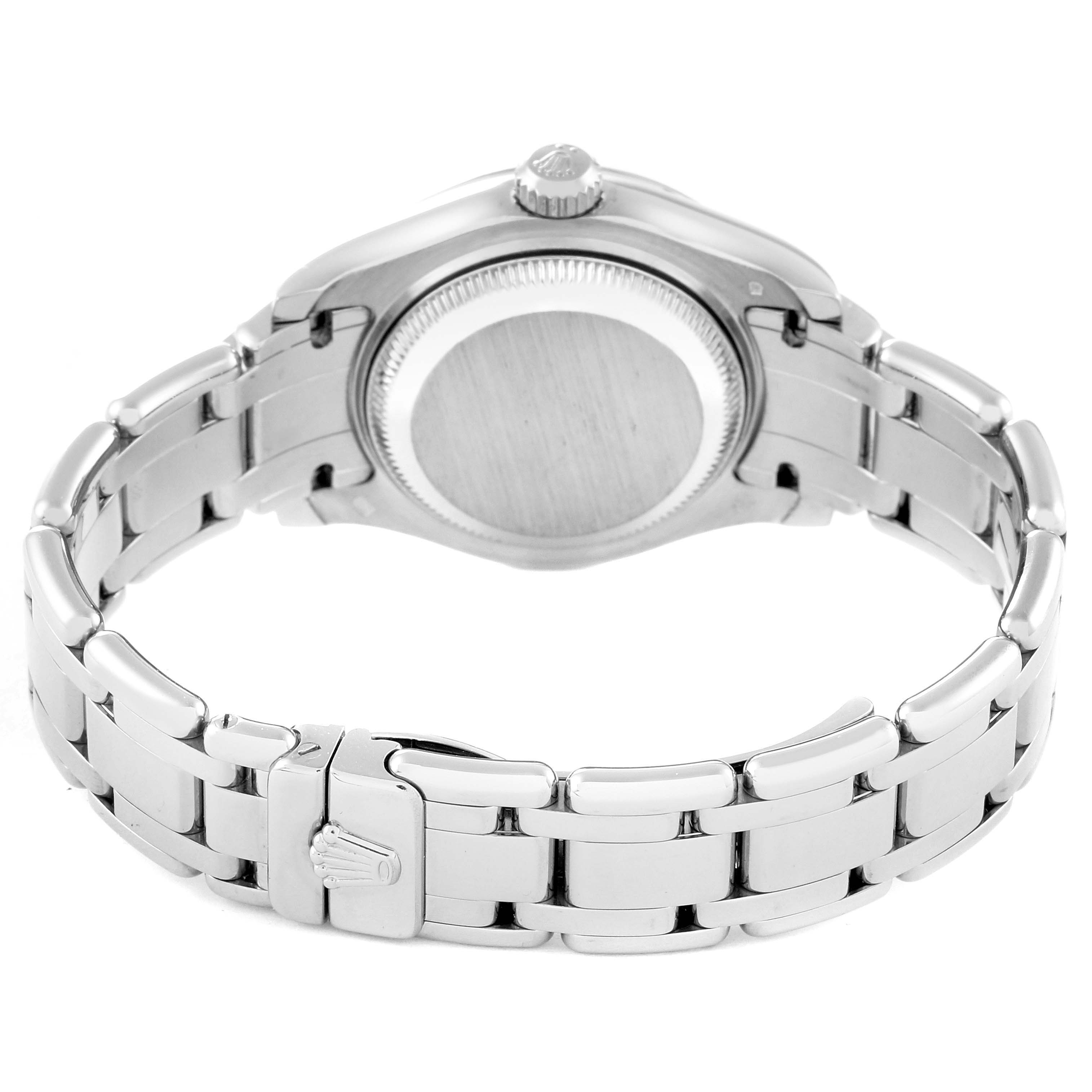 This image shows the back view of a Rolex Pearlmaster 69329 Women's White Gold Mother of Pearl Dial 69329 Women's White Gold Mother of Pearl Dial watch, featuring the case back, crown, and bracelet.