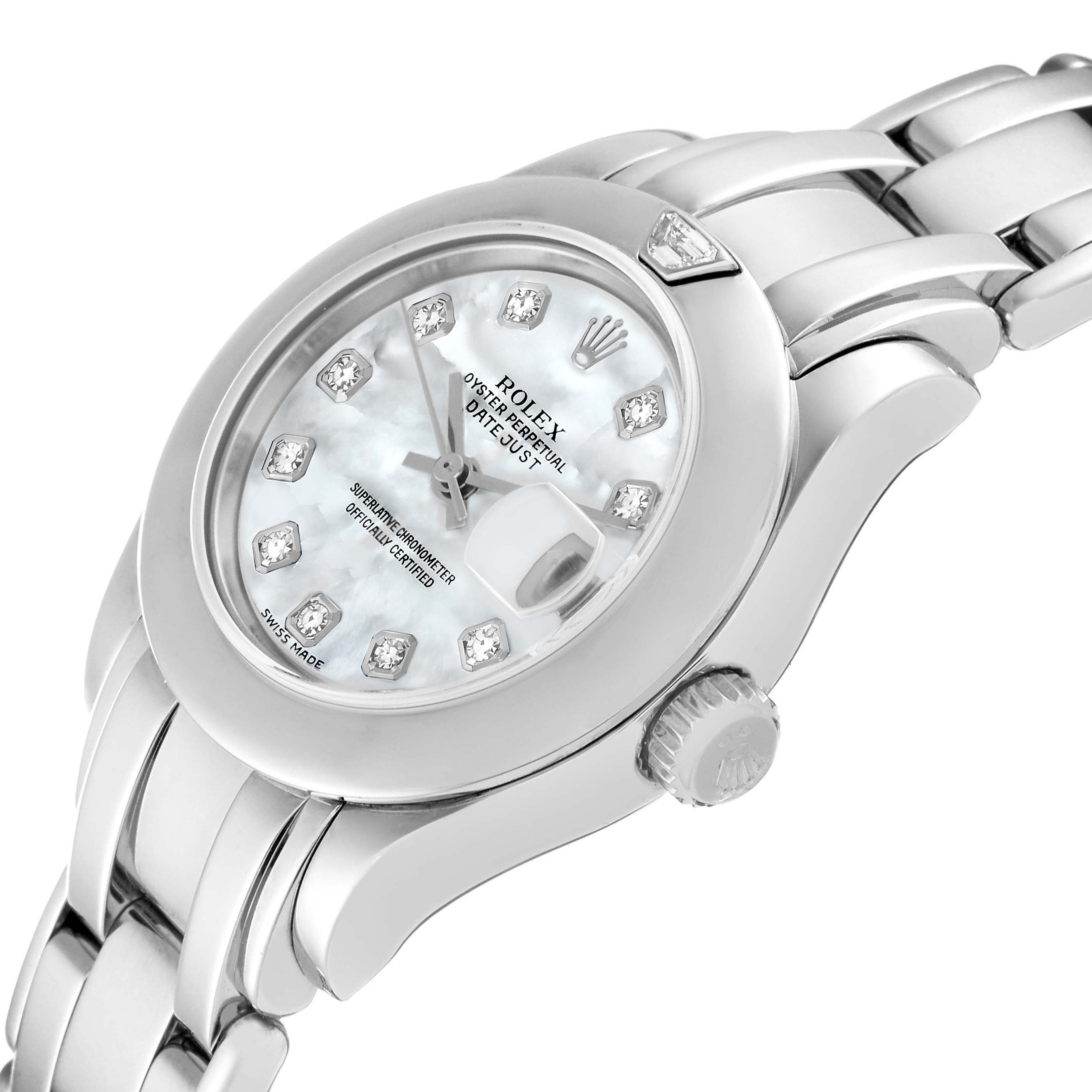 The image shows a close-up angle of a Rolex Pearlmaster 69329 Women's White Gold Mother of Pearl Dial 69329 Women's White Gold Mother of Pearl Dial watch, highlighting the dial, crown, and a portion of the bracelet.