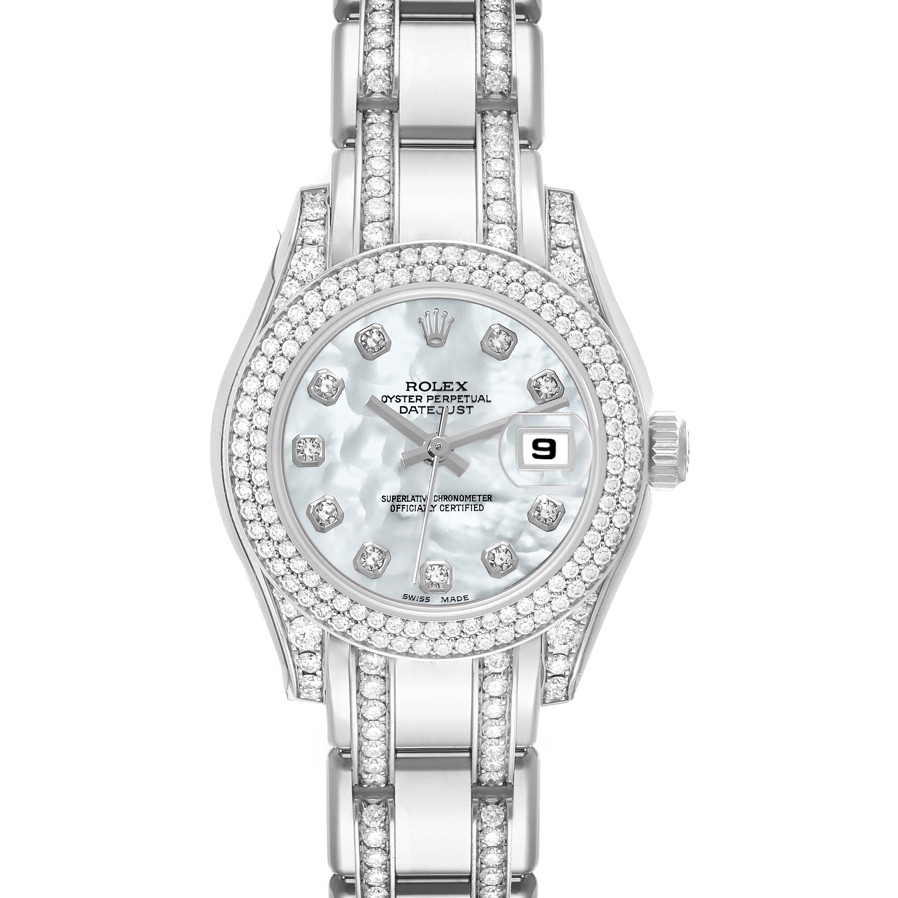 The image shows a frontal view of a Rolex Pearlmaster 80359 Women's White Gold Mother of Pearl Dial 80359 Women's White Gold Mother of Pearl Dial watch, highlighting its dial, bezel, and bracelet adorned with diamonds.