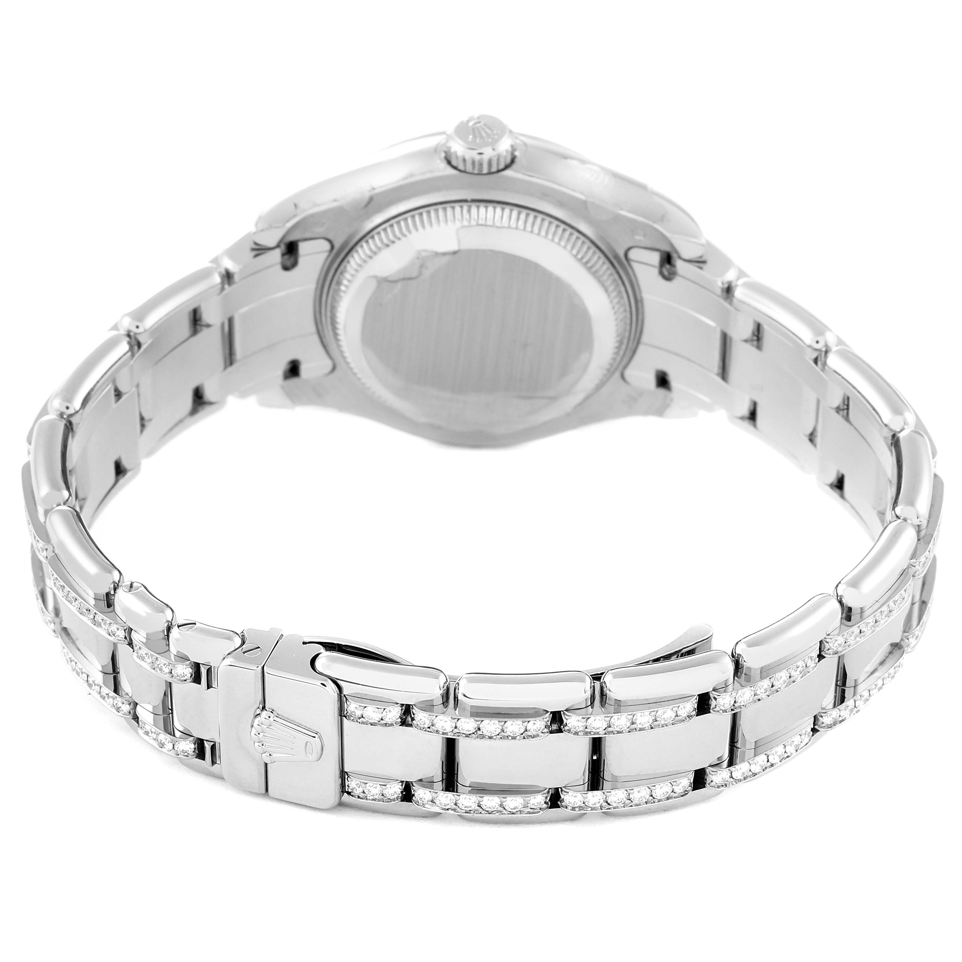 The image shows a Rolex Pearlmaster 80359 Women's White Gold Mother of Pearl Dial 80359 Women's White Gold Mother of Pearl Dial watch from the back, focusing on its bracelet and clasp.