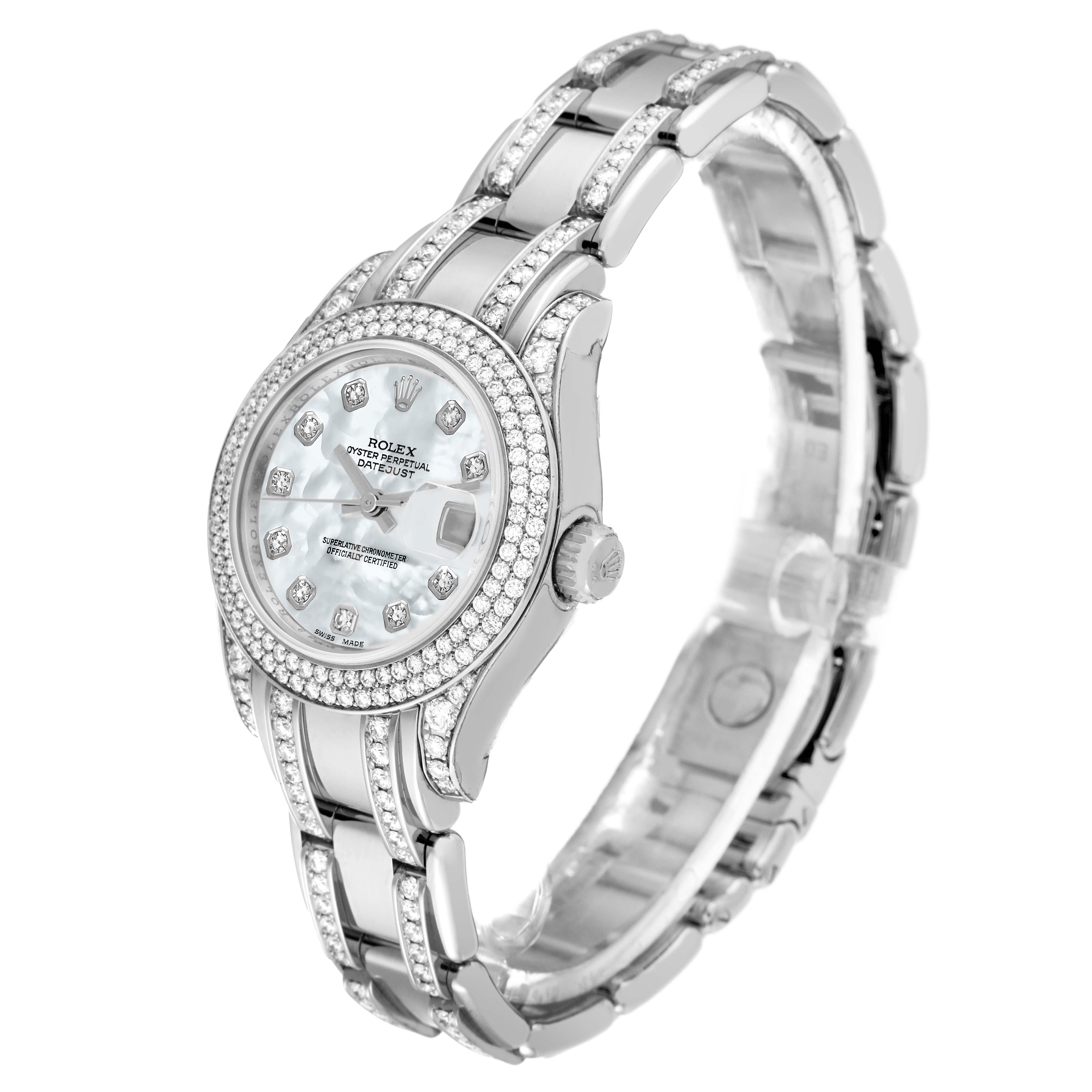 This image showcases the Rolex Pearlmaster 80359 Women's White Gold Mother of Pearl Dial 80359 Women's White Gold Mother of Pearl Dial model watch at a slight overhead angle, highlighting the diamond-set bezel, dial, and bracelet.