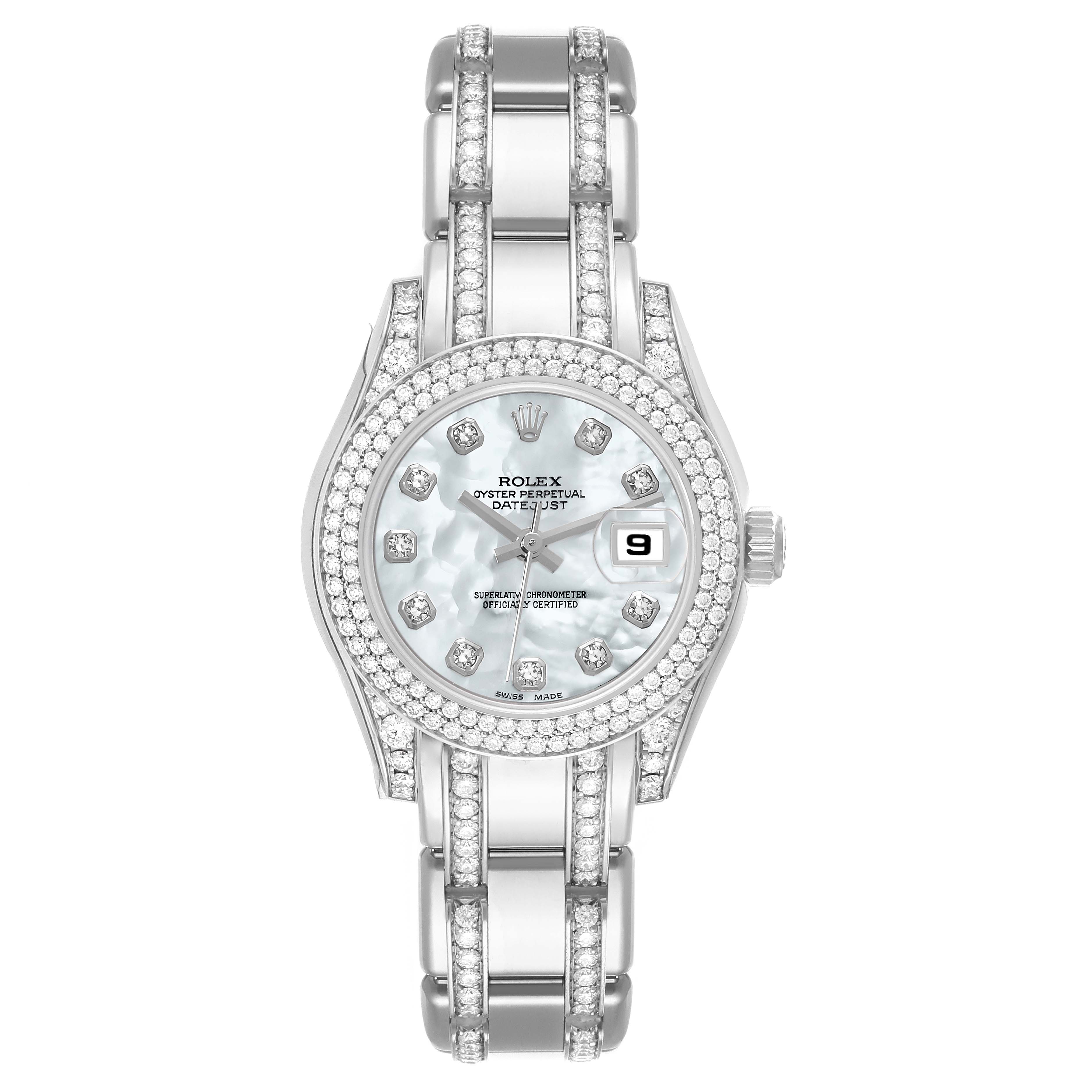 This image shows the front view of the Rolex Pearlmaster 80359 Women's White Gold Mother of Pearl Dial 80359 Women's White Gold Mother of Pearl Dial watch, highlighting its diamond-encrusted bezel, bracelet, and mother-of-pearl dial.