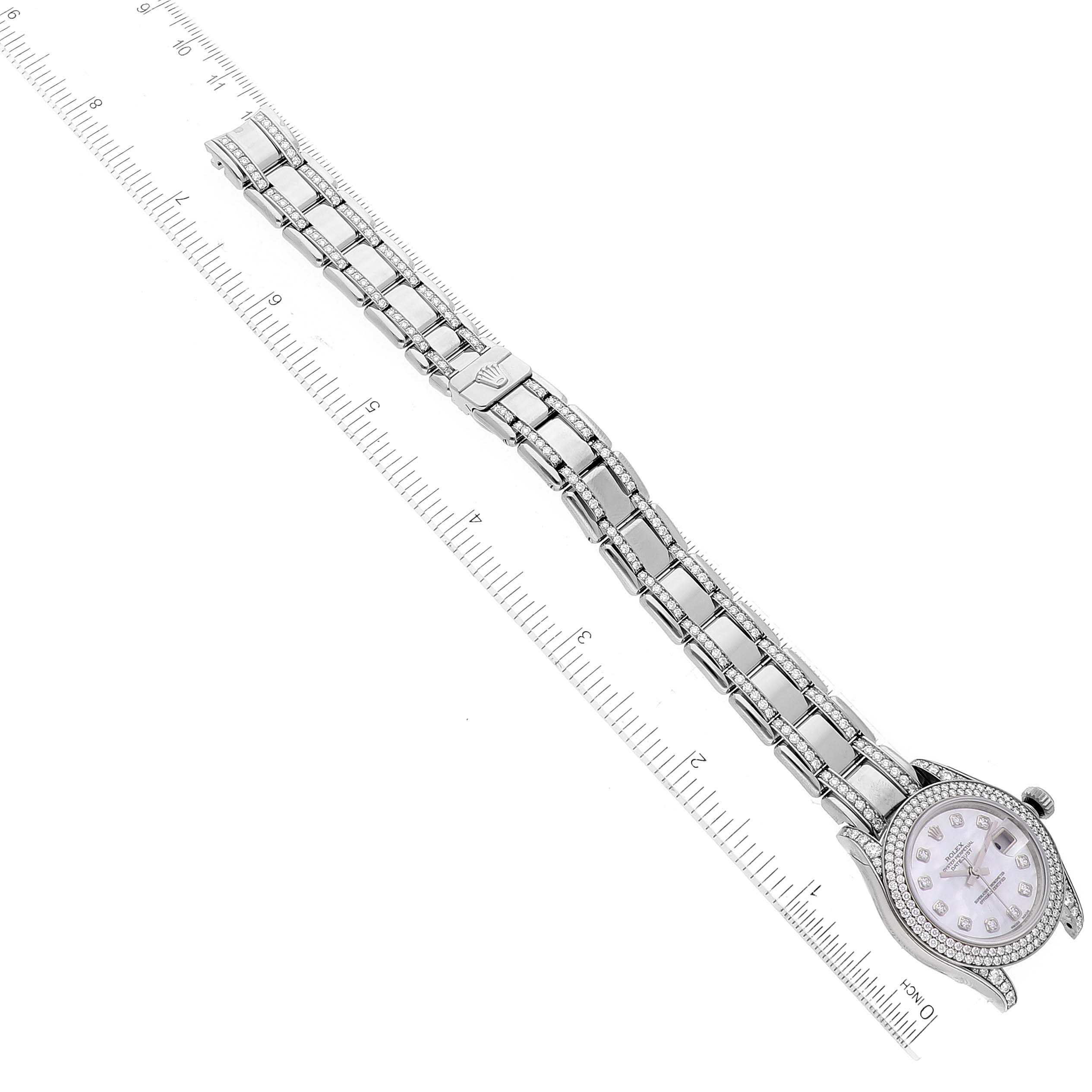 The Rolex Pearlmaster 80359 Women's White Gold Mother of Pearl Dial 80359 Women's White Gold Mother of Pearl Dial watch is shown from an angled top view, displaying its band, clasp, and partially the watch face and bezel.