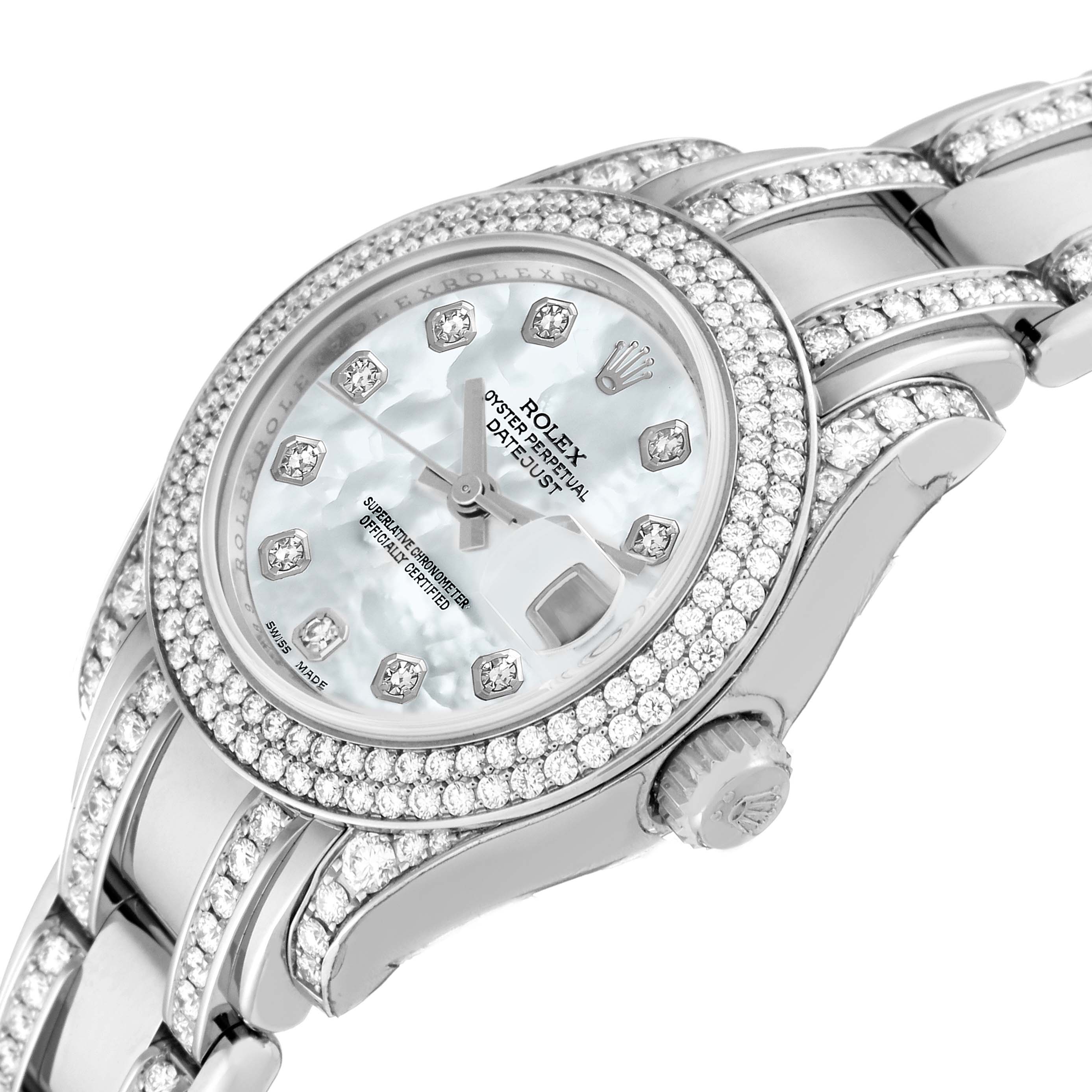This Rolex Pearlmaster 80359 Women's White Gold Mother of Pearl Dial 80359 Women's White Gold Mother of Pearl Dial watch is shown at an angled close-up, highlighting its diamond-encrusted bezel, dial, and band segments.
