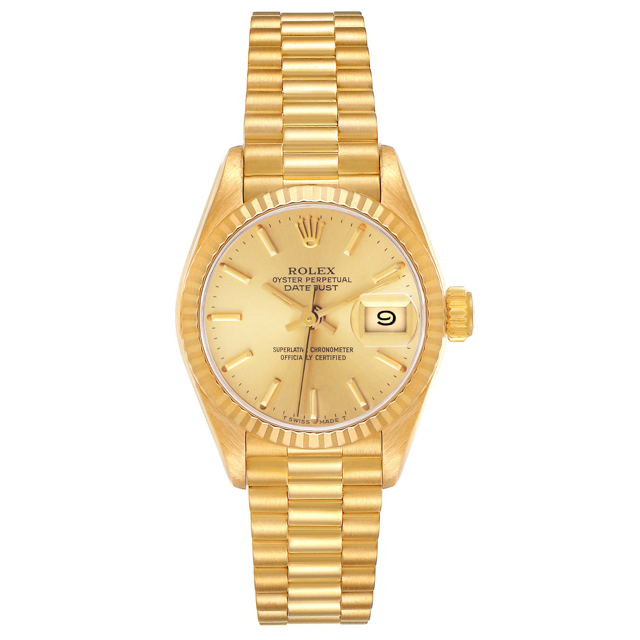 The image shows a front view of the Rolex President 69178 Women
s Yellow Gold Champagne Dial 69178 Women
s Yellow Gold Champagne Dial model watch, featuring its gold dial, fluted bezel, and link bracelet.