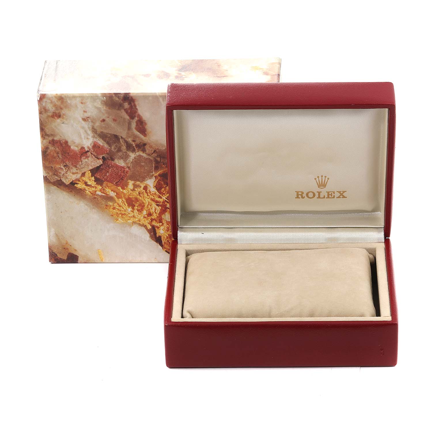 The image shows an open Rolex President 69178 Women
s Yellow Gold Champagne Dial 69178 Women
s Yellow Gold Champagne Dial watch box with a cushion inside and the outer decorative box in the background.