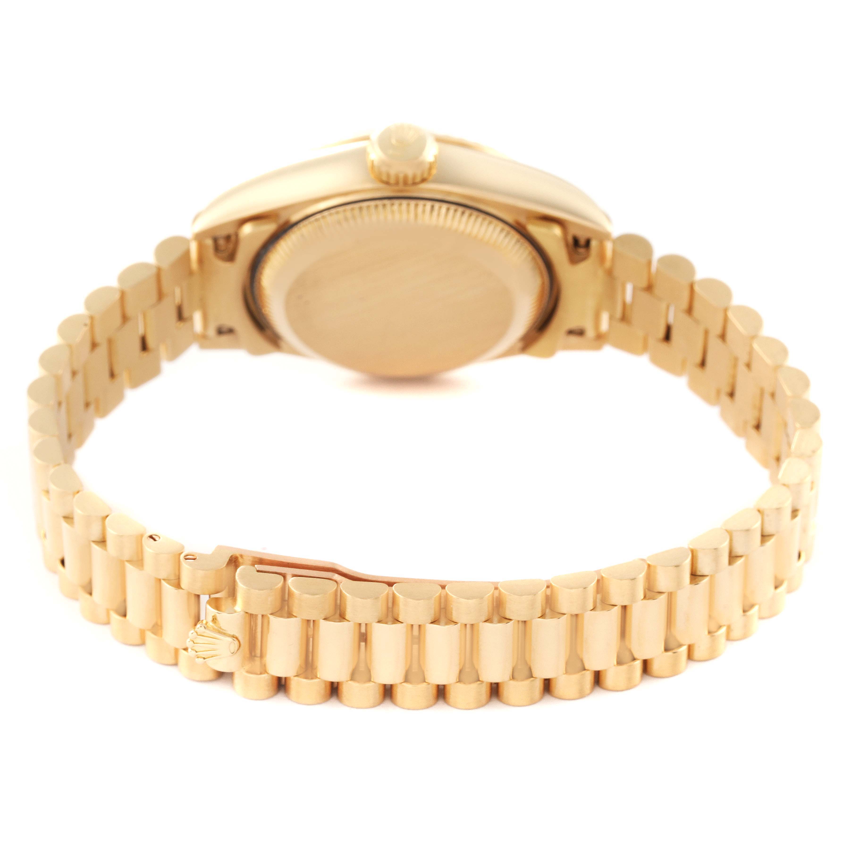This image shows the back and bracelet of a Rolex President 69178 Women
s Yellow Gold Champagne Dial 69178 Women
s Yellow Gold Champagne Dial model watch from a rear angle.