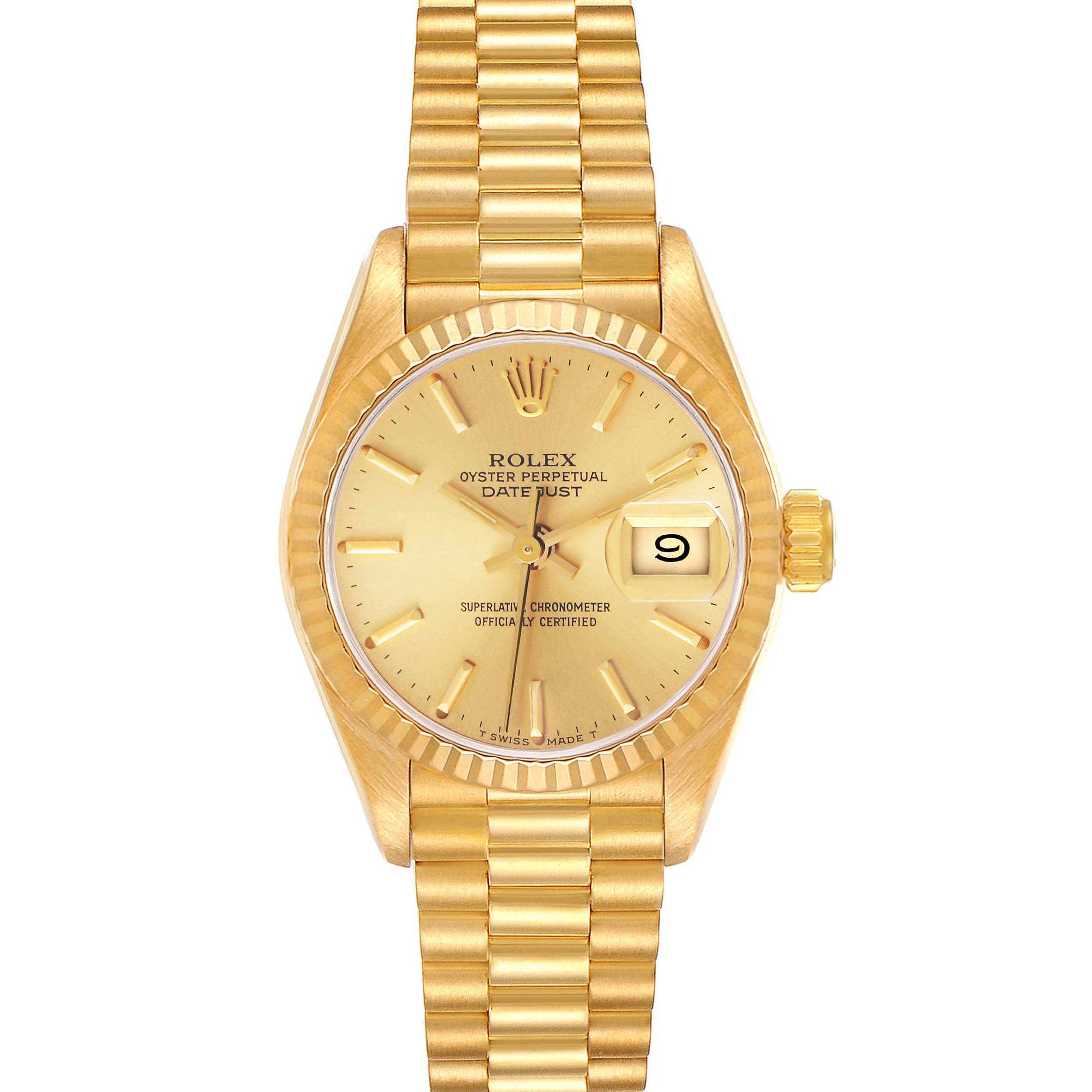 The image shows a front view of a Rolex President 69178 Women
s Yellow Gold Champagne Dial 69178 Women
s Yellow Gold Champagne Dial model watch, displaying the bracelet, case, dial, and date window.