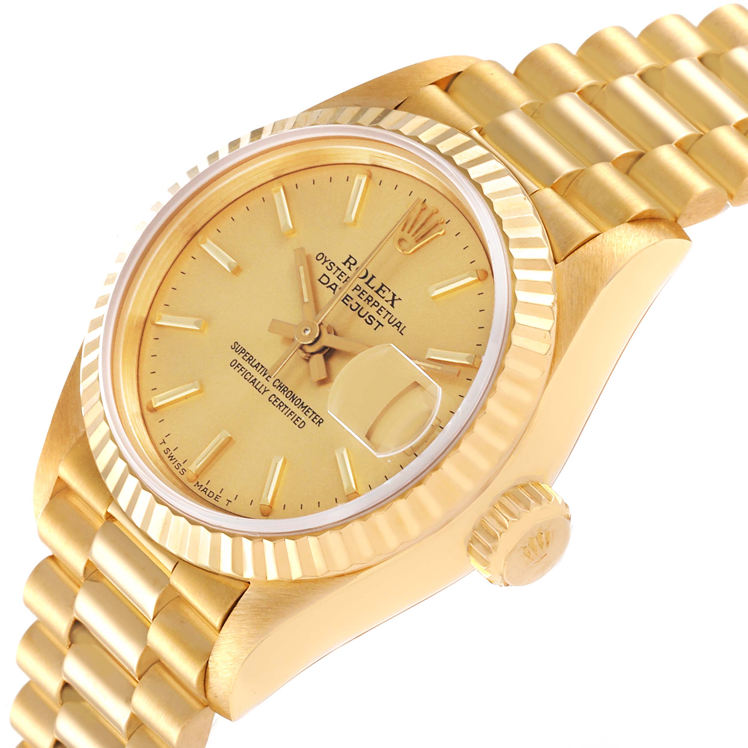 The image shows a Rolex President 69178 Women
s Yellow Gold Champagne Dial 69178 Women
s Yellow Gold Champagne Dial model watch at an angled side view, highlighting the gold dial, bezel, and bracelet.