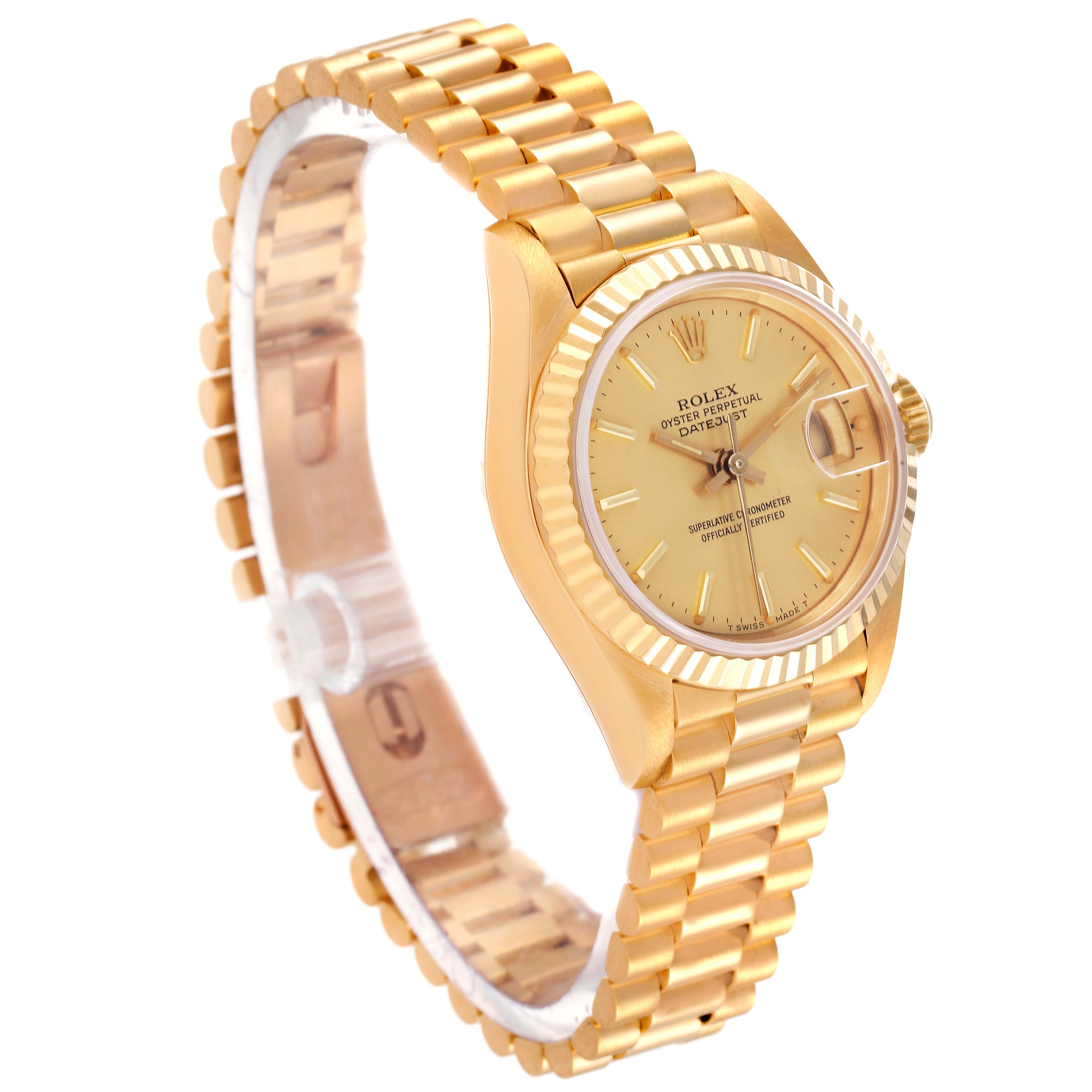 The image shows a Rolex President 69178 Women
s Yellow Gold Champagne Dial 69178 Women
s Yellow Gold Champagne Dial model watch at a three-quarters angle, displaying the dial, bezel, crown, and bracelet.